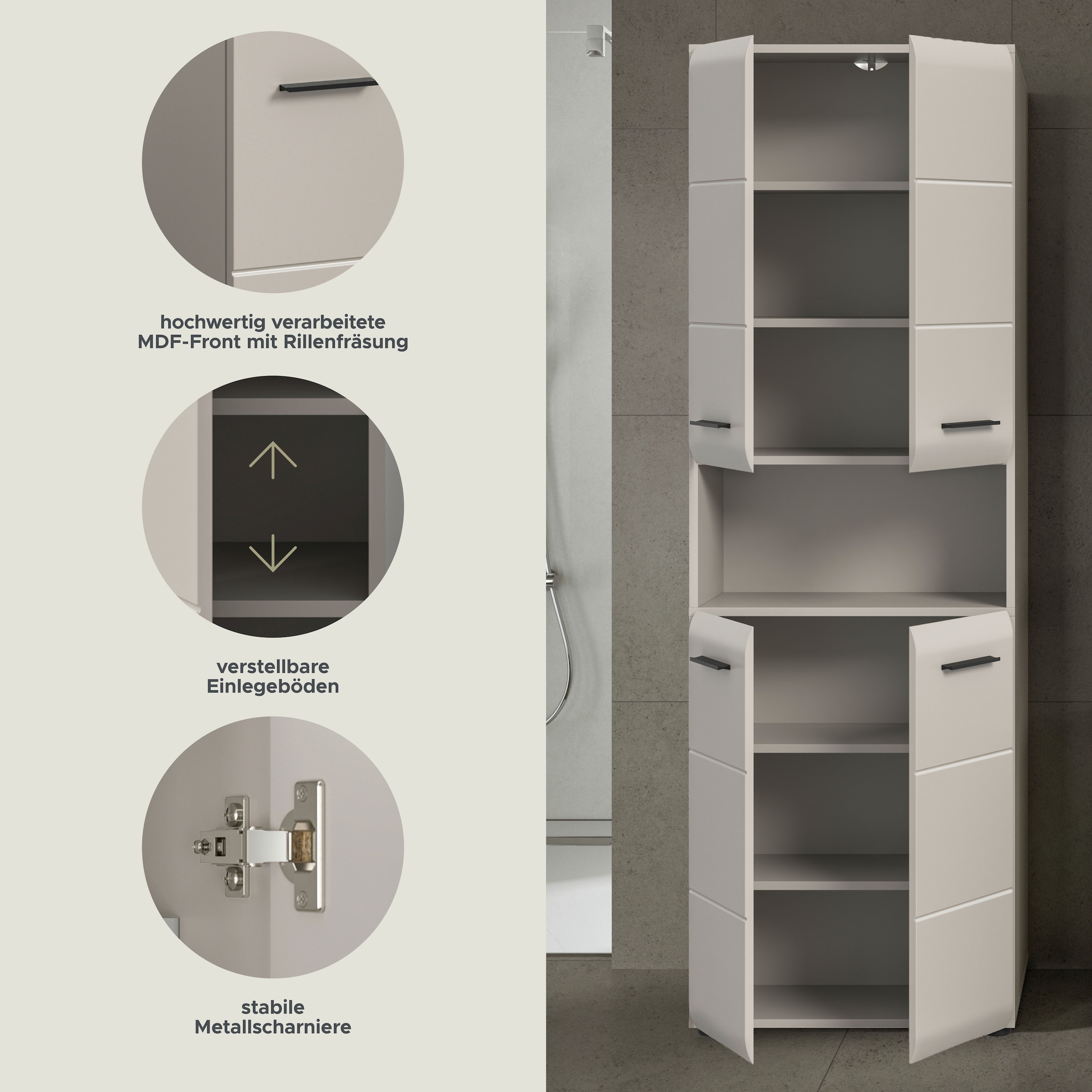 welltime Stauraumschrank »FLORENZ,  Höhe 185 cm, 4 oder 6 Türen, viel Stauraum« TOPSELLER!, 1 Stk. tlg. hochwertige MDF Front, Griff schwarz, Badschrank, Bad