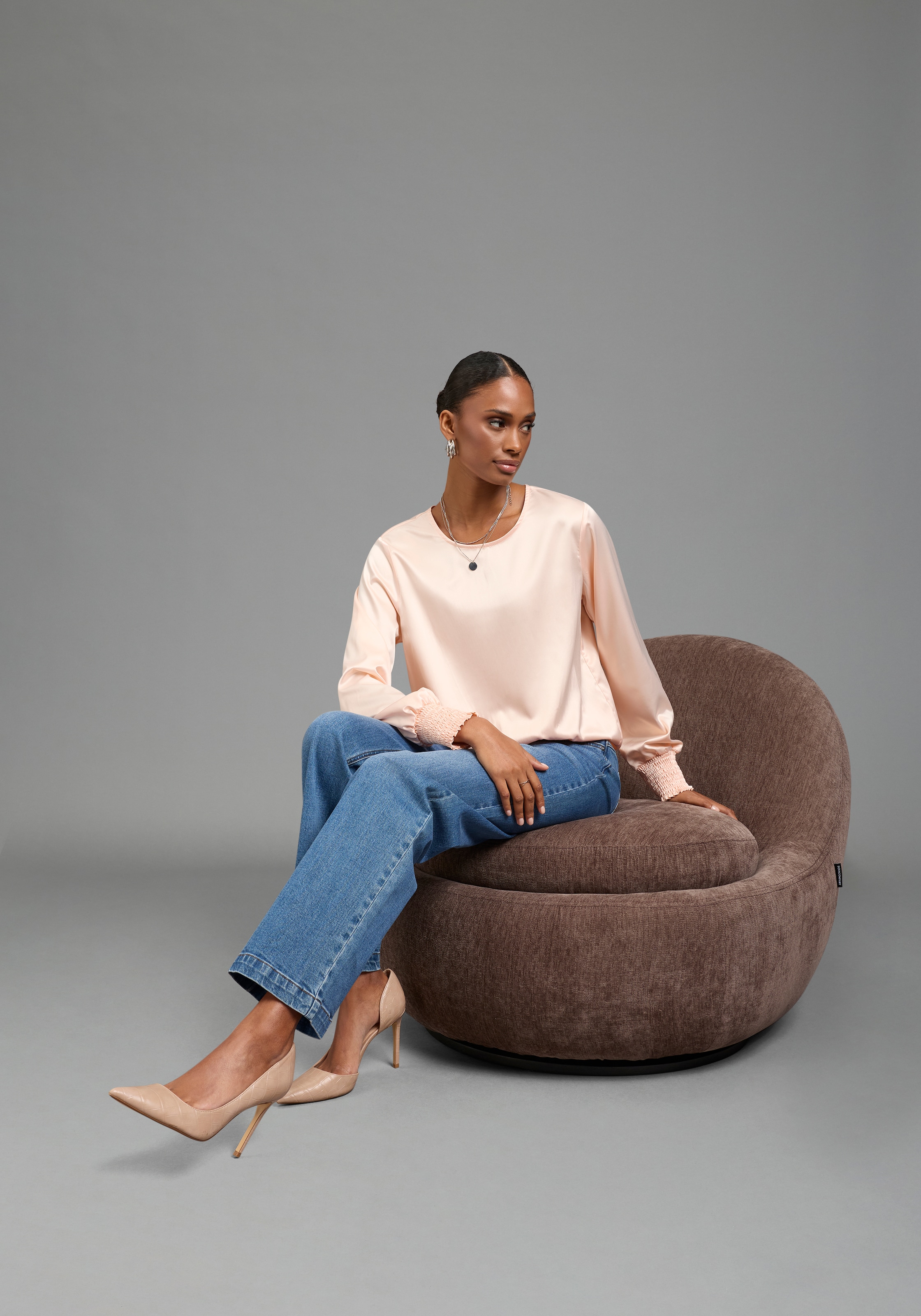 Laura Scott Blouse à enfiler Blouse en satin festive, bord côte élastique aux manches, tissu brillant