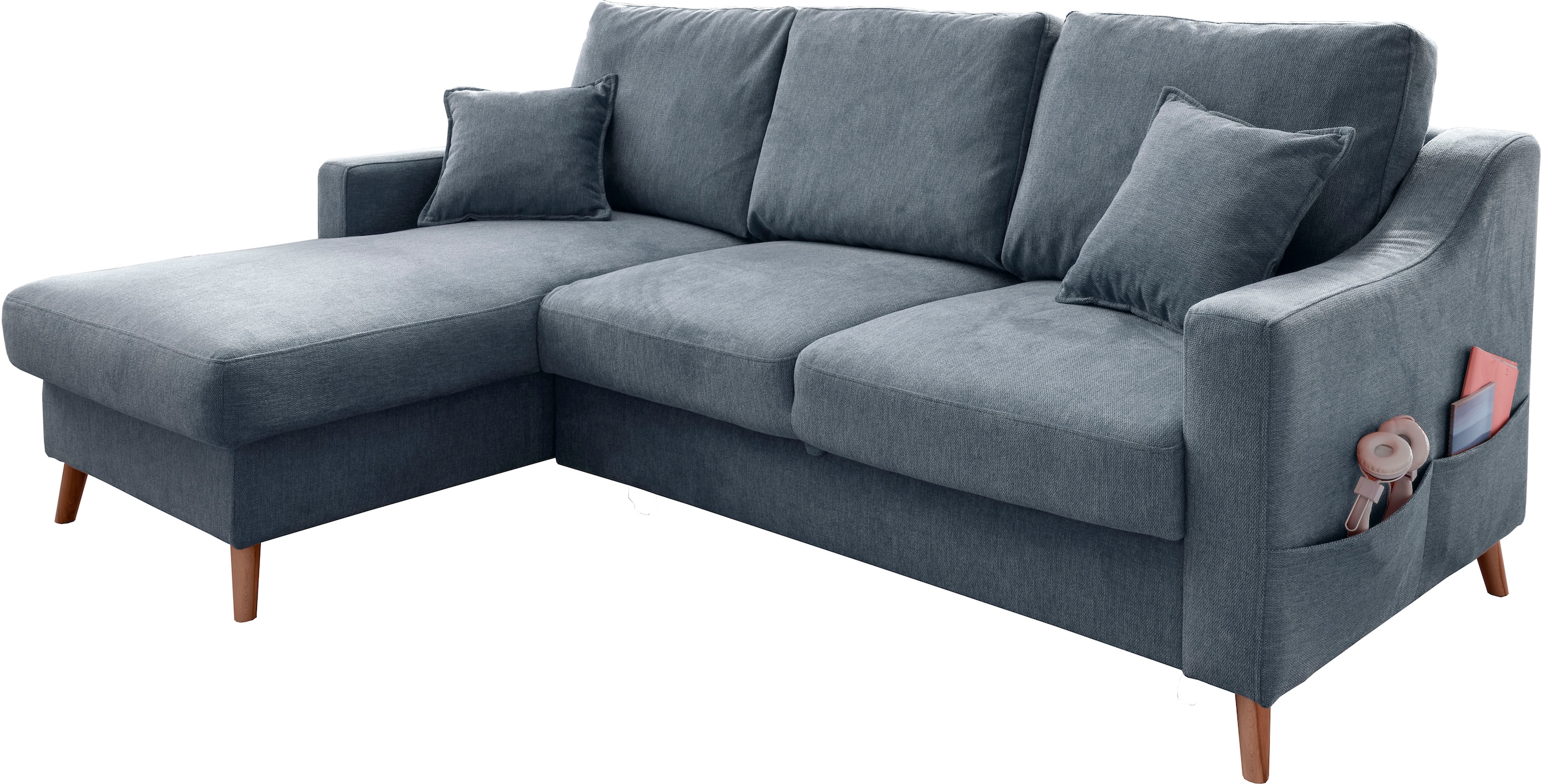 INOSIGN Ecksofa »Valentina L-Form«, 2 Zierkissen, mit Seitentasche, ausziehbarer Liegefläche, Bettkasten