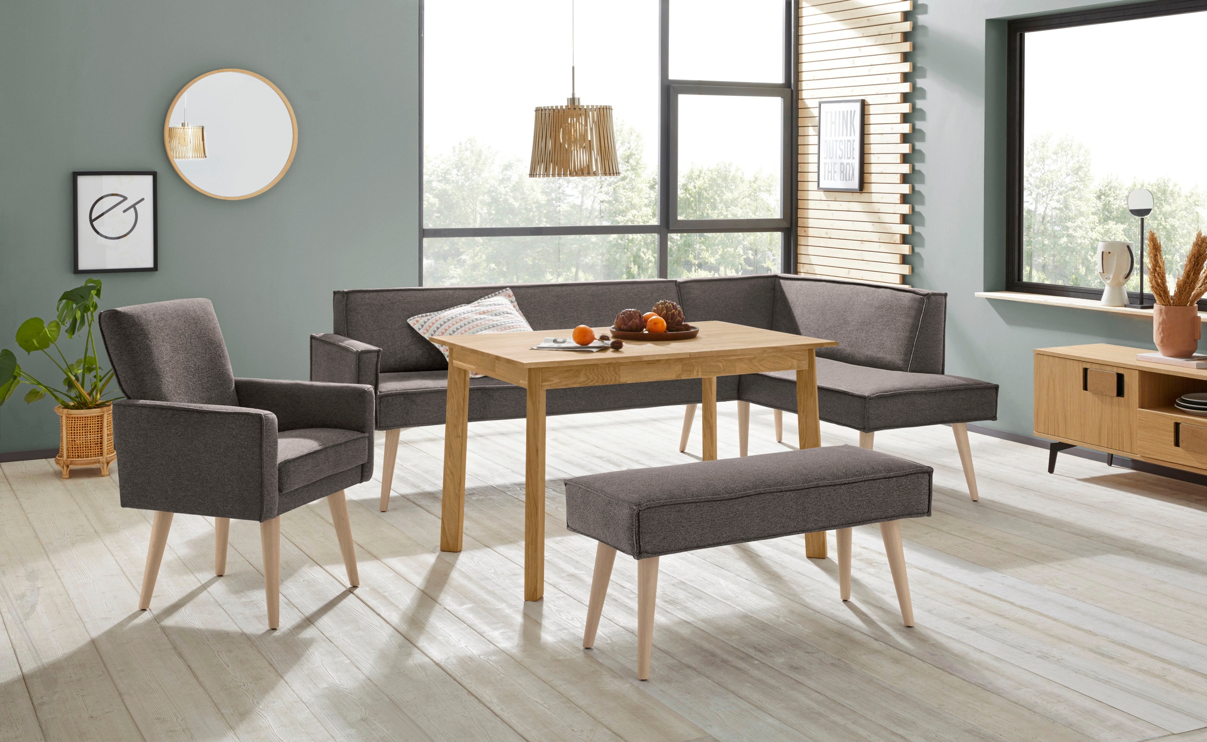 exxpo - sofa fashion Eckbank »Lungo, moderne Kedernaht, bequem und elegant, hoher Holzfuss«, hochwertige Detailverarbeitung, frei im Raum stellbar