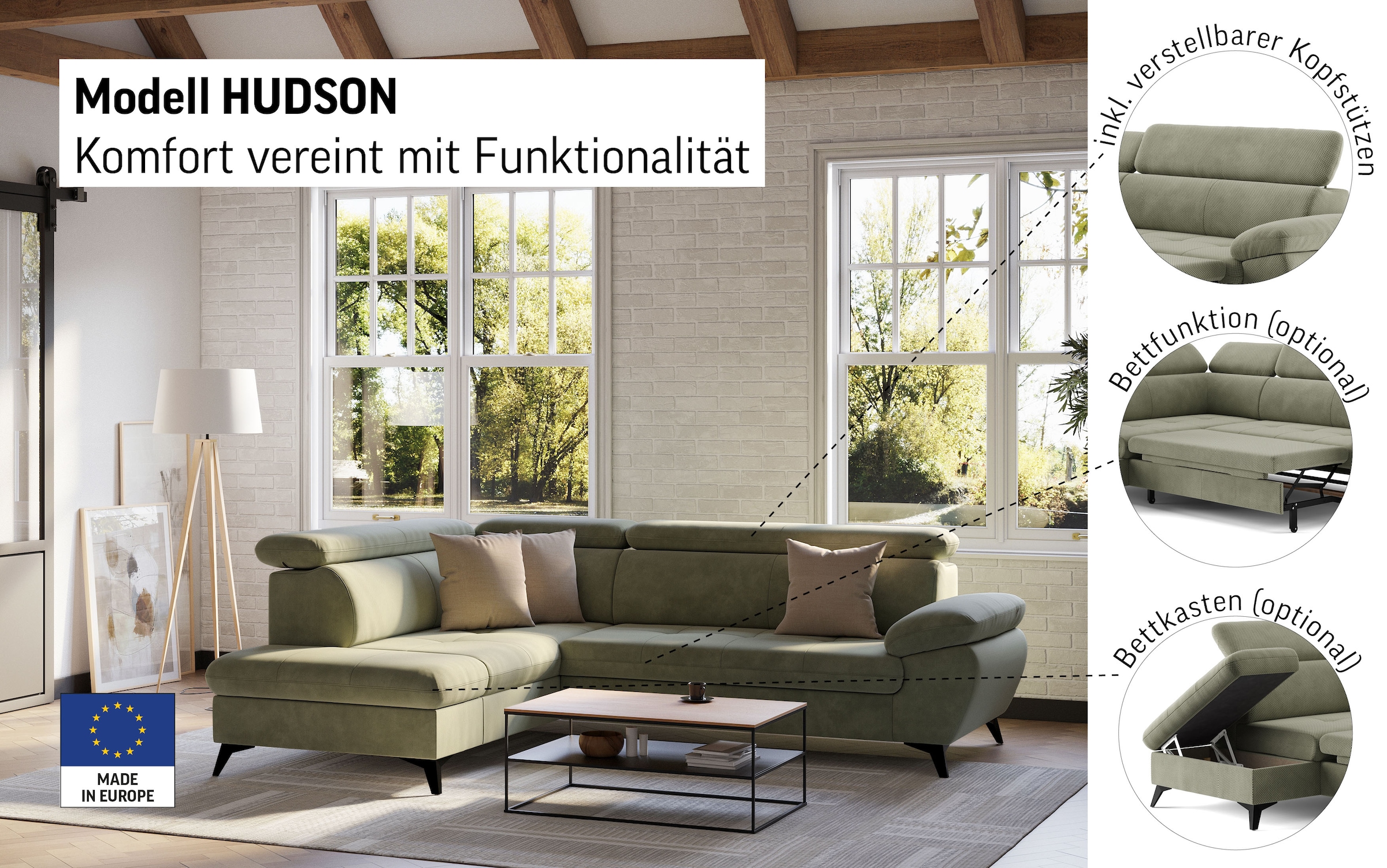COTTA Canapé d'angle »Hudson L-Form« mit Kopfteilverstellung, wahlweise mit Bettfunktion & Bettkasten