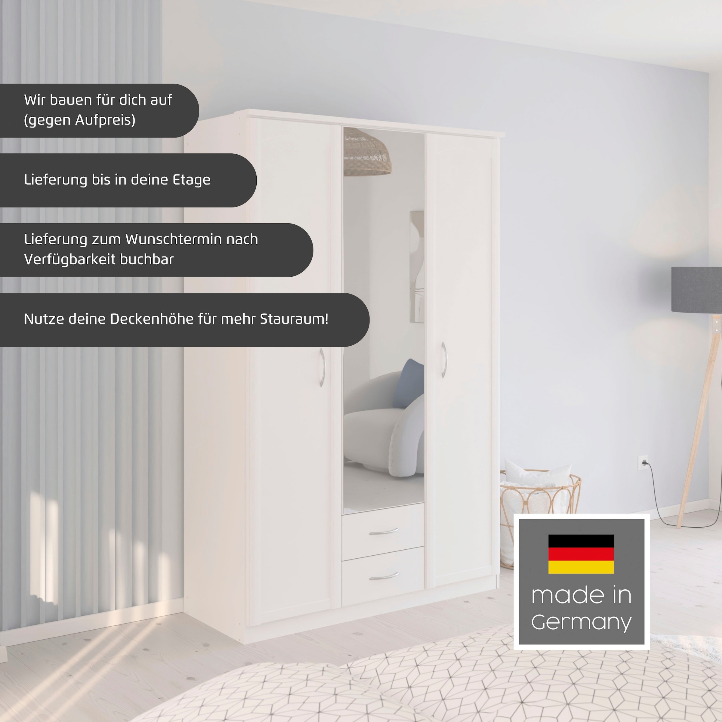 rauch Kleiderschrank »Schrank Garderobe Garderobenschrank Putzschrank Wäscheschrank TORRENT« Breiten 91/136/181 cm, Höhe 210 cm,  optional Aussenschubladen und Spiegel, viel Stauraum MADE IN GERMANY