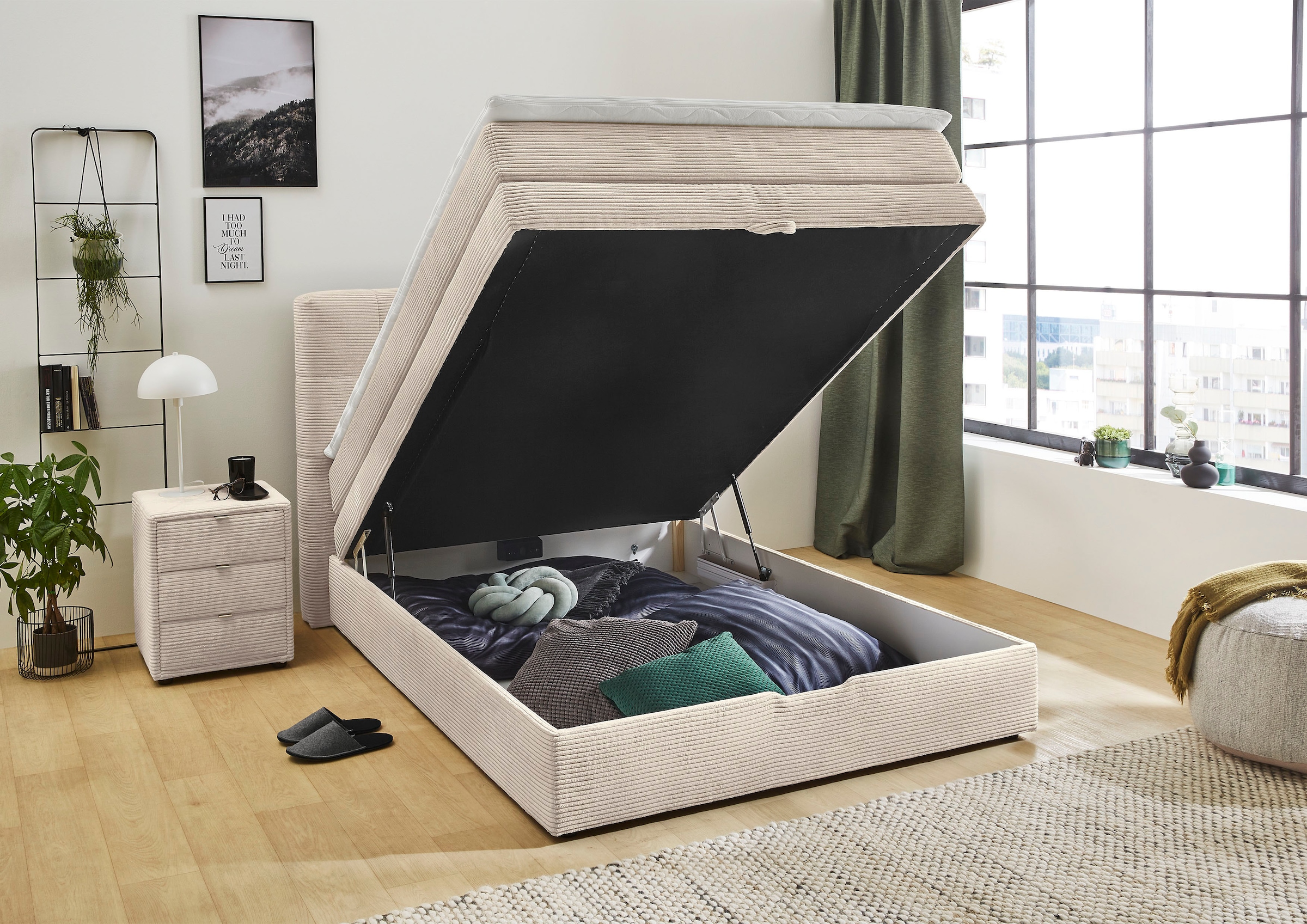 Jockenhöfer Gruppe Boxspringbett »AMY mit Bettkasten, inkl. Bonnell- oder Taschenfederkernmatratze H2-H4« mit 6 cm Kaltschaum-Topper, Cord-Bezug, 120x200 und 140x200 cm