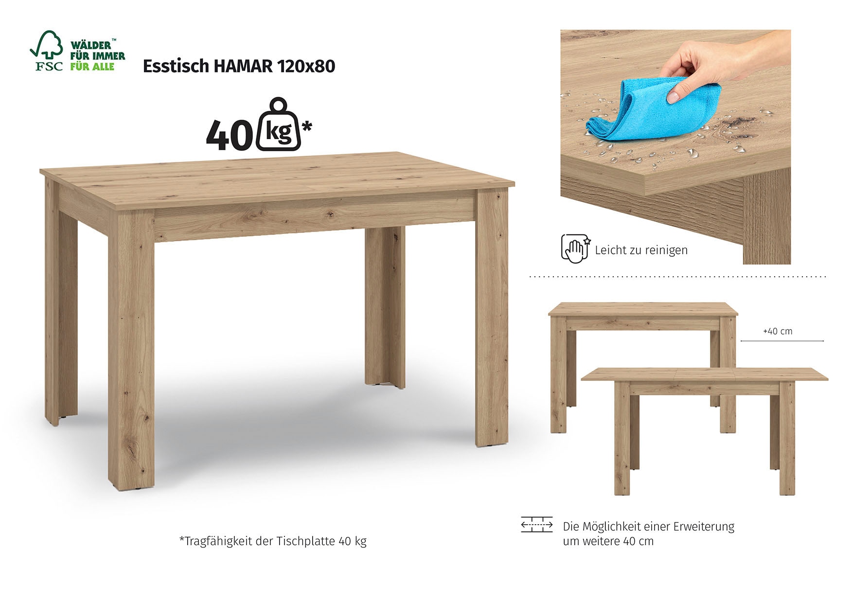 Home affaire Esstisch »Hamar Esszimmertisch 120x80, Weiss oder Eiche Holz Küchentisch« Verlängerbar durch Einlegeplatte,  max. Breite 160 cm