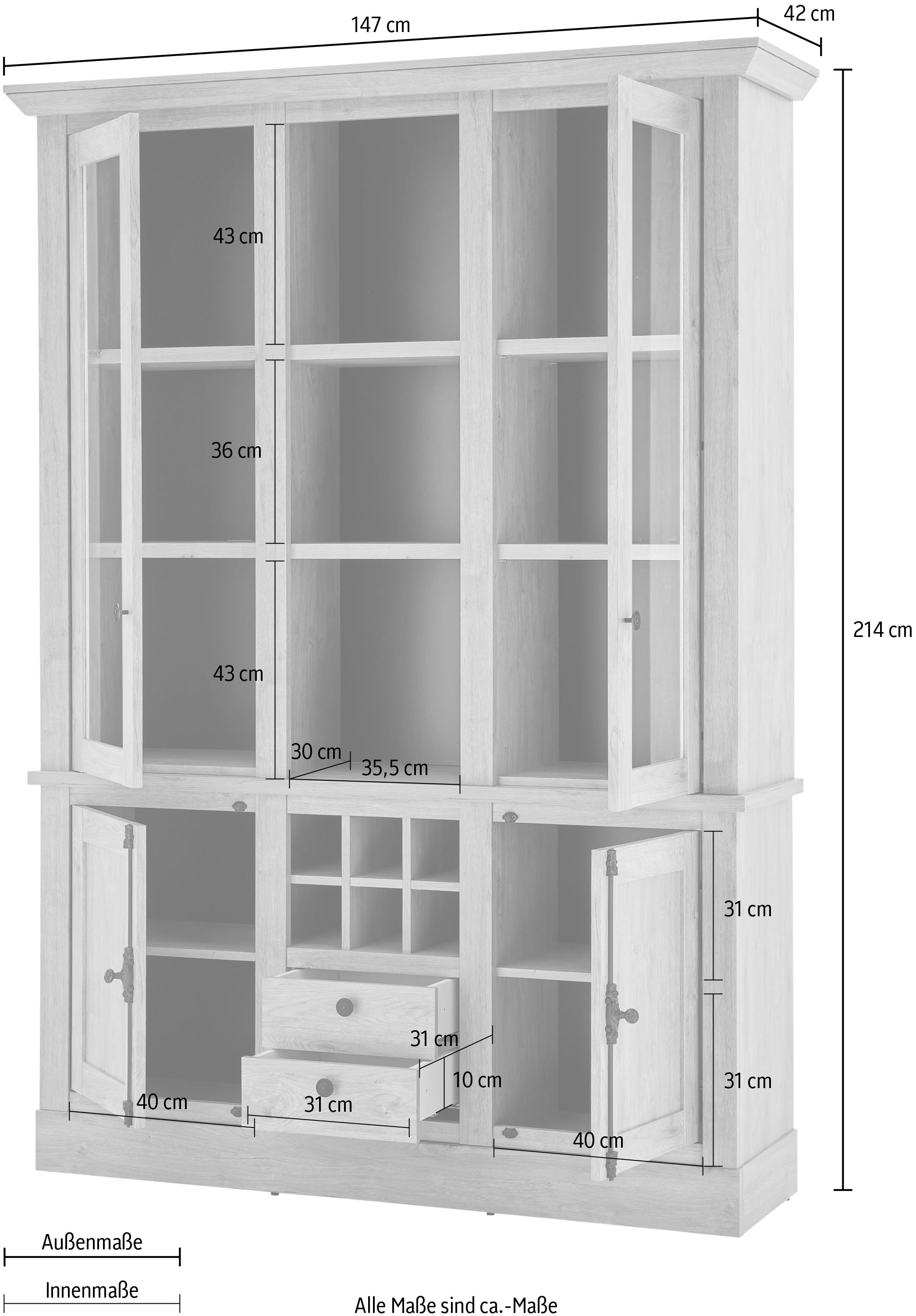 Home affaire Vitrine »Cornwall, Hochschrank im Landhausstil, Glasvitrine, Eiche Dekor«, (1 St.), Metallgriffe, 147 cm breit, viel Stauraum, in zwei Grössen verfügbar