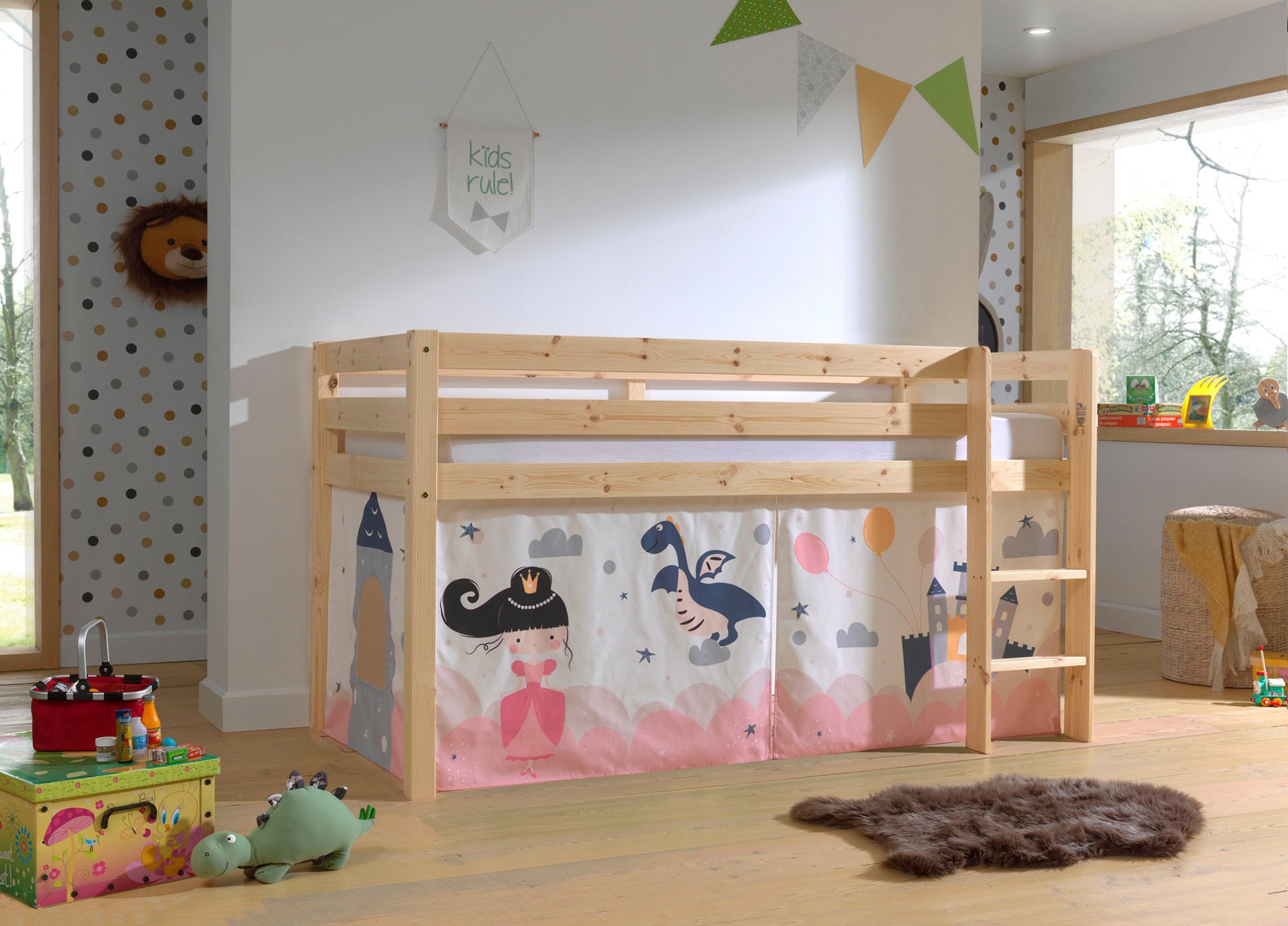 Vipack Lit de jeu »Pino, Kiefer massiv, mit Rolllattenrost u. Textil-Set, Made in Europe« L/H/P env. 210x114x106 cm, avec échelle et protection anti-chute,  différents dessins textiles, 3 couleurs de cadre au choix