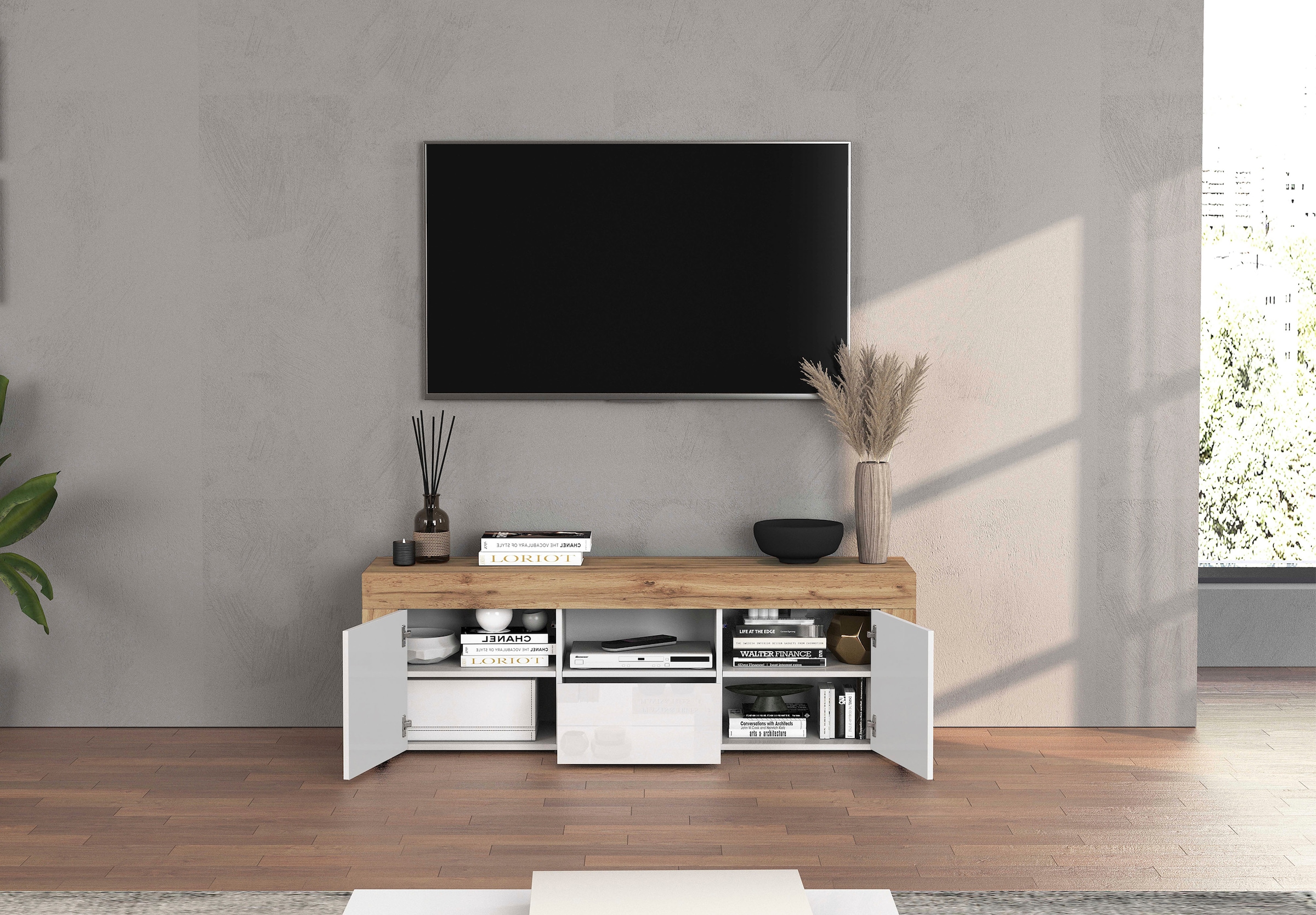 GOODproduct Lowboard »CHRONOS Breite 155 cm mit 2 Türen, 1 Schublade,1 offenes Fach« 1 Stk. tlg. TV-Board, Sideboard niedrig, Grifflos mit Push to Open 'Made in Italy'