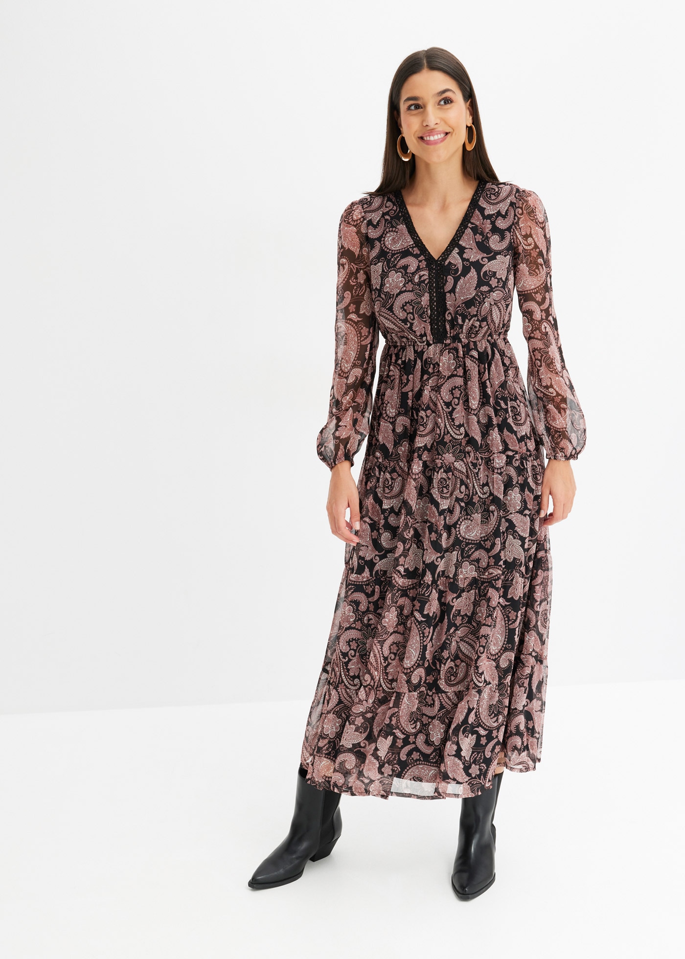 Image of bonprix Maxikleid "Maxikleid" aus Polyester, ausgestellte Passform, mit Spitze am Ausschnitt