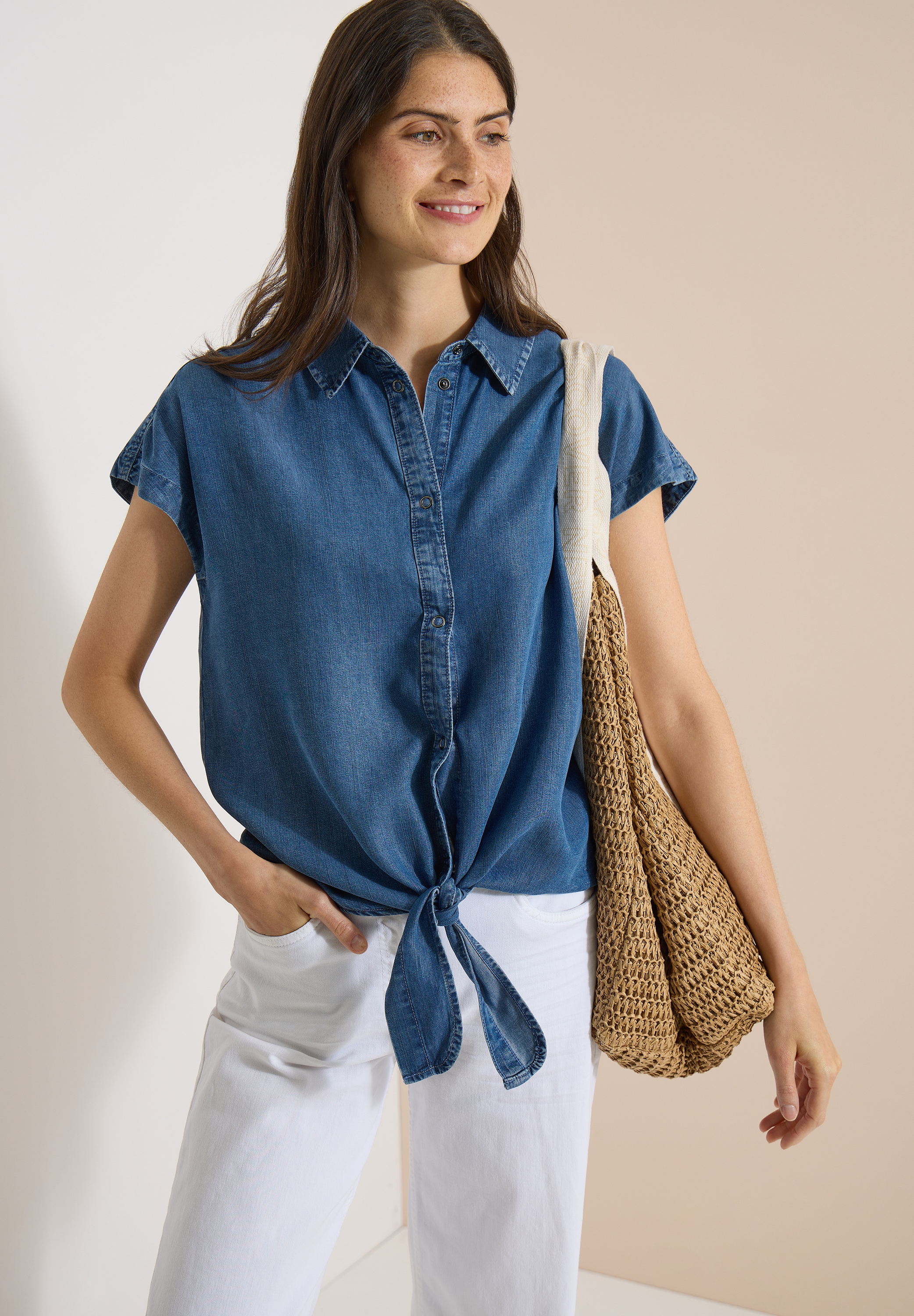 Image of Cecil Hemdbluse Sommerbluse im Denim-Look / Knotendetail am Saum