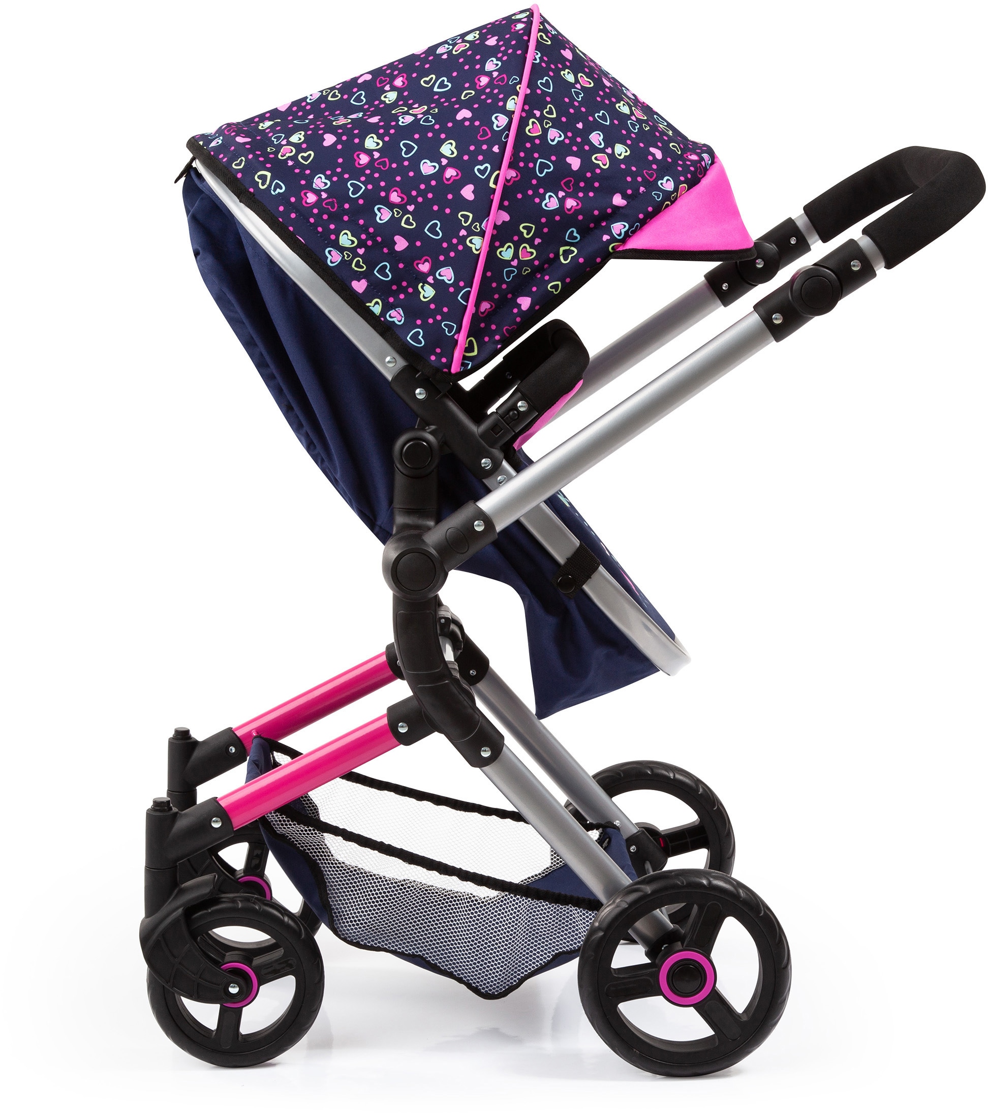 Bayer Kombi-Puppenwagen »Vario, Blau/Pink/Herzchen«, inkl. Wickeltasche