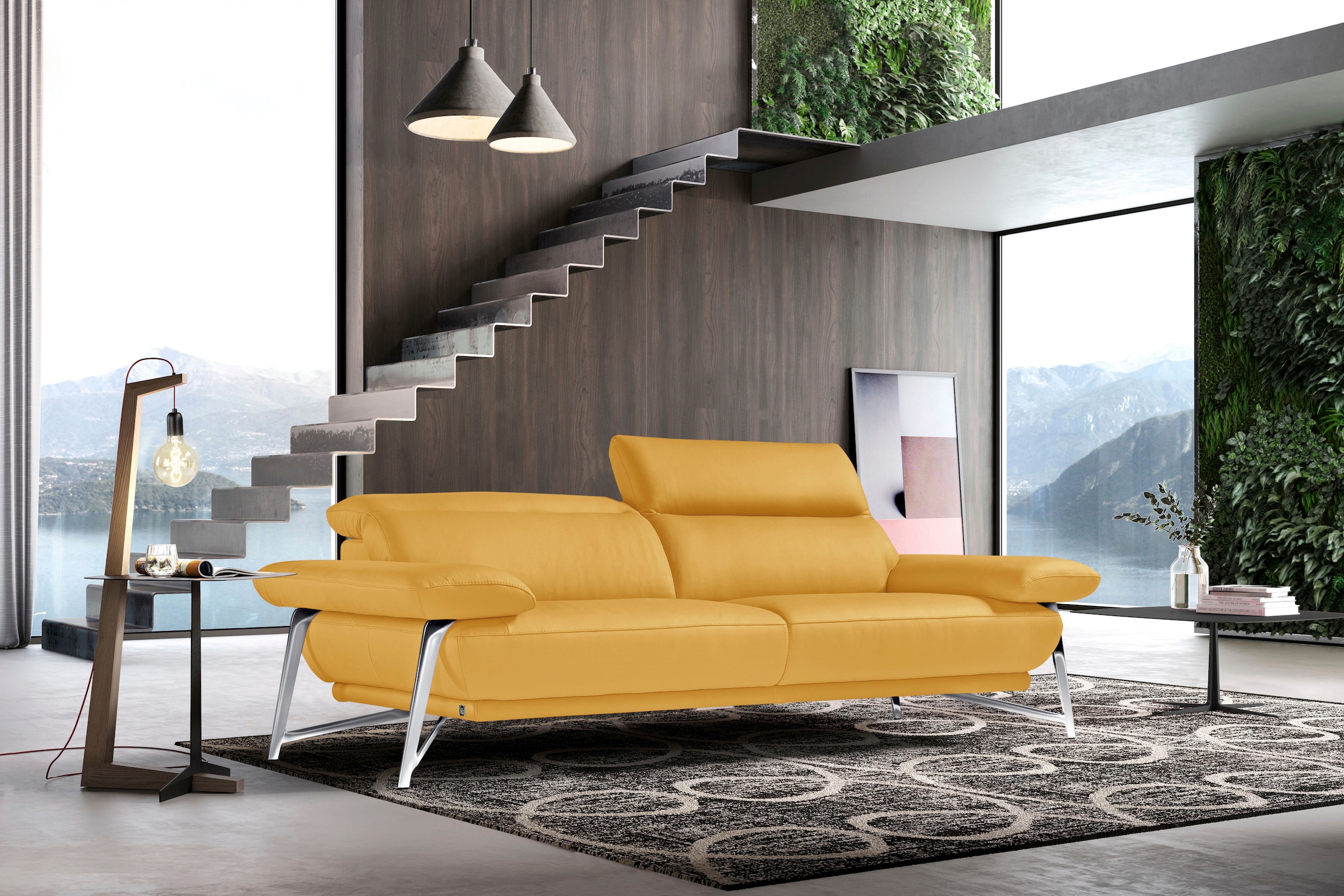 Image of Egoitaliano 2,5-Sitzer "Anais, Designsofa mit erstklassigem Sitzkomfort, Fussfarbe chrom" Kopfteil verstellbar, 232 cm, Leder BULL, gelb