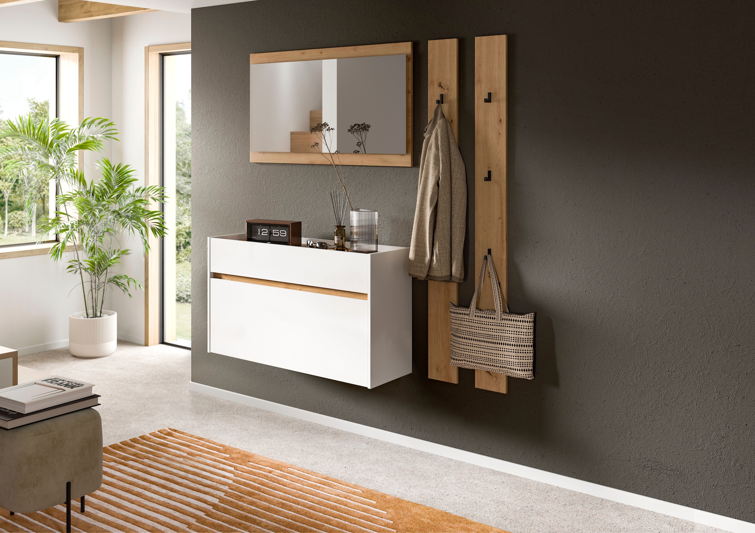 Home affaire Garderoben-Set »EVRID, 4-teilig, Breite 172 cm, individuell hängbar & erweiterbar« best. aus: Kommode, Spiegel & 2x Hakenleiste, 4 Stk. tlg.