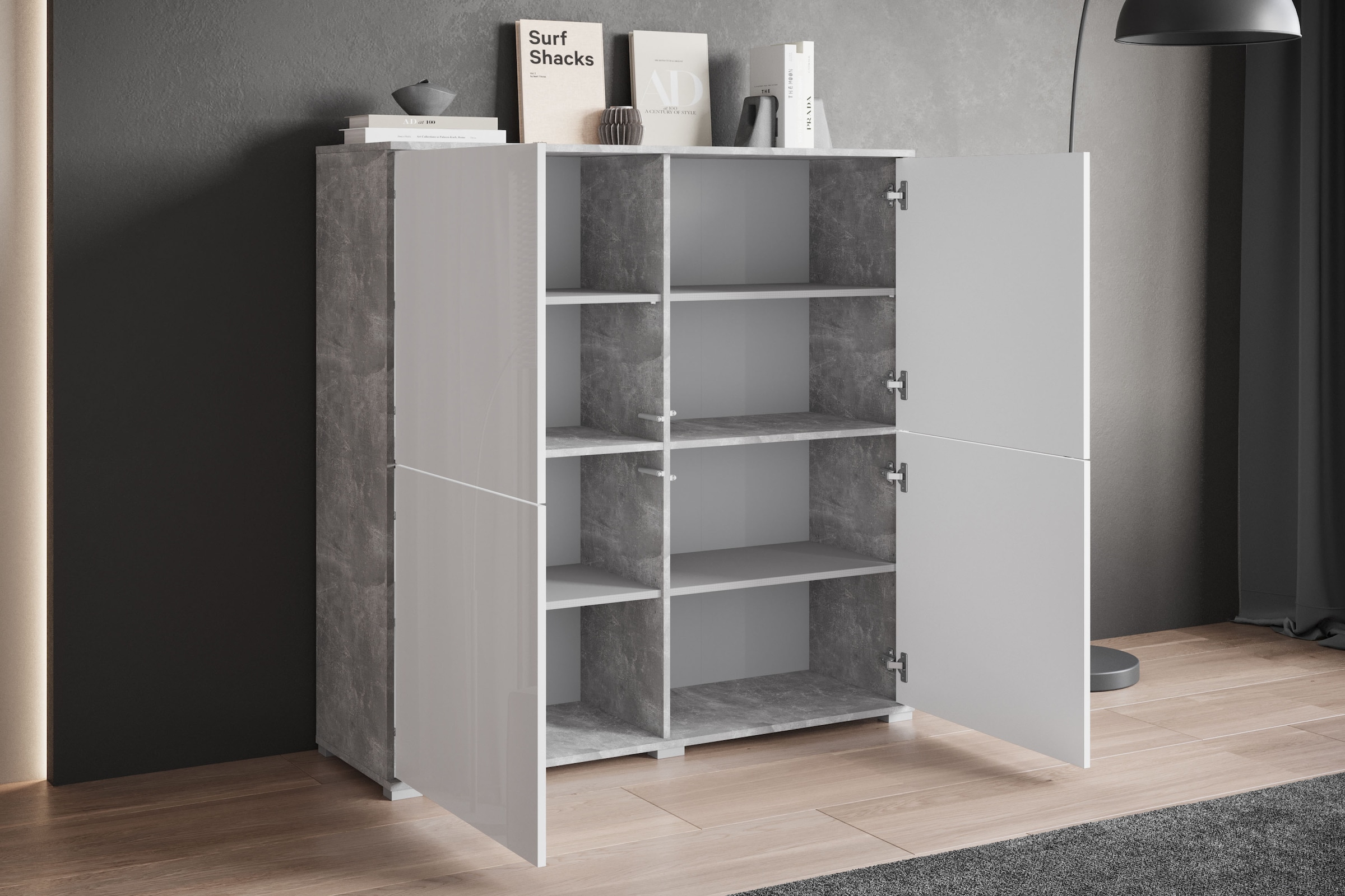 GOODproduct Highboard »Kenia, moderne grifflose Hochkommode mit 4 Türen, Breite 120 cm« 1 Stk. tlg. Push-to-Open-Fronten, höhenverstellbaren Einlegeböden