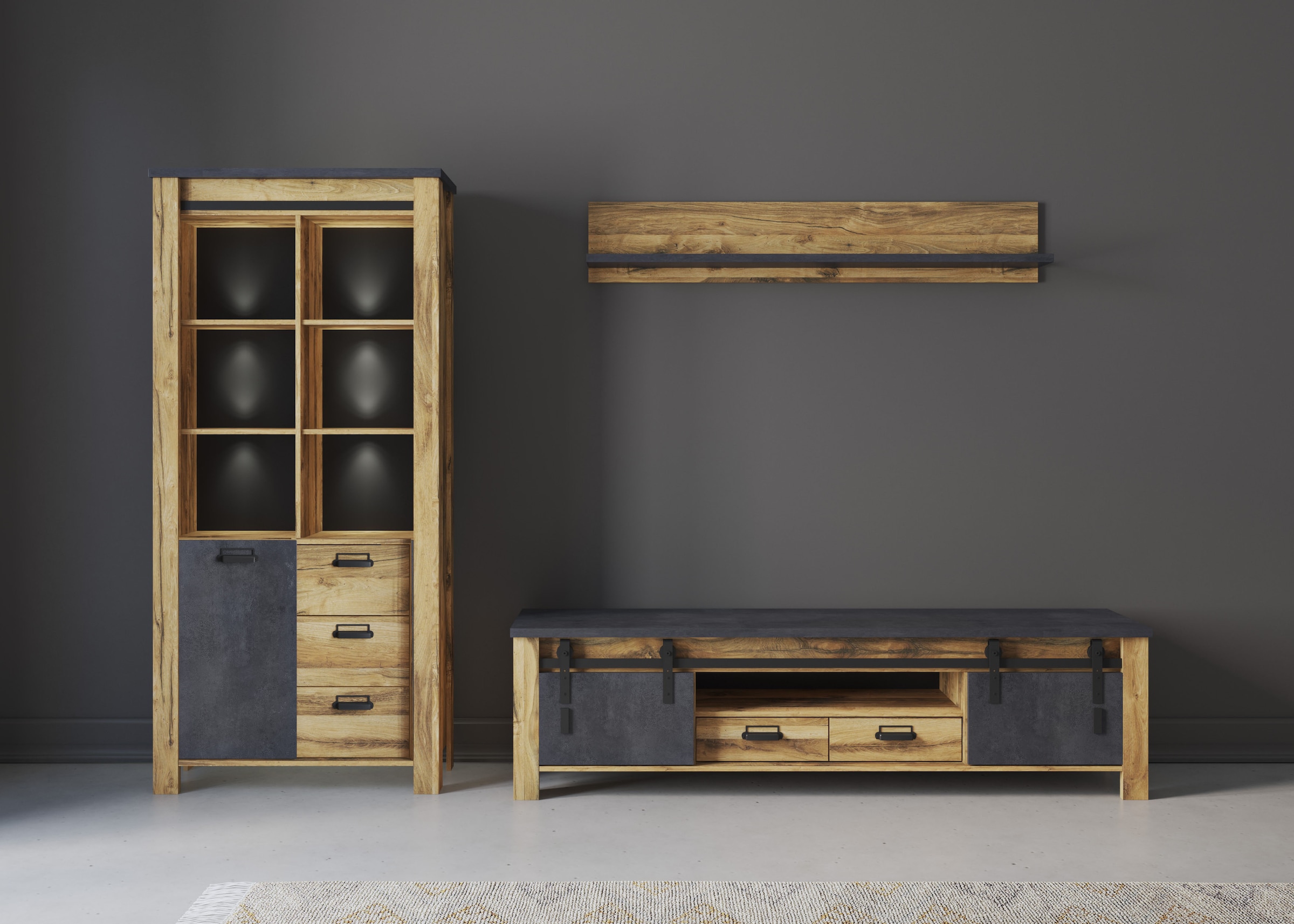 Image of Home affaire Wohnwand "York, moderne Anbauwand, Wohnzimmer-Set in Hunton Oak, 201 cm breit" Komplett-Set, 3 Stk. tlg.