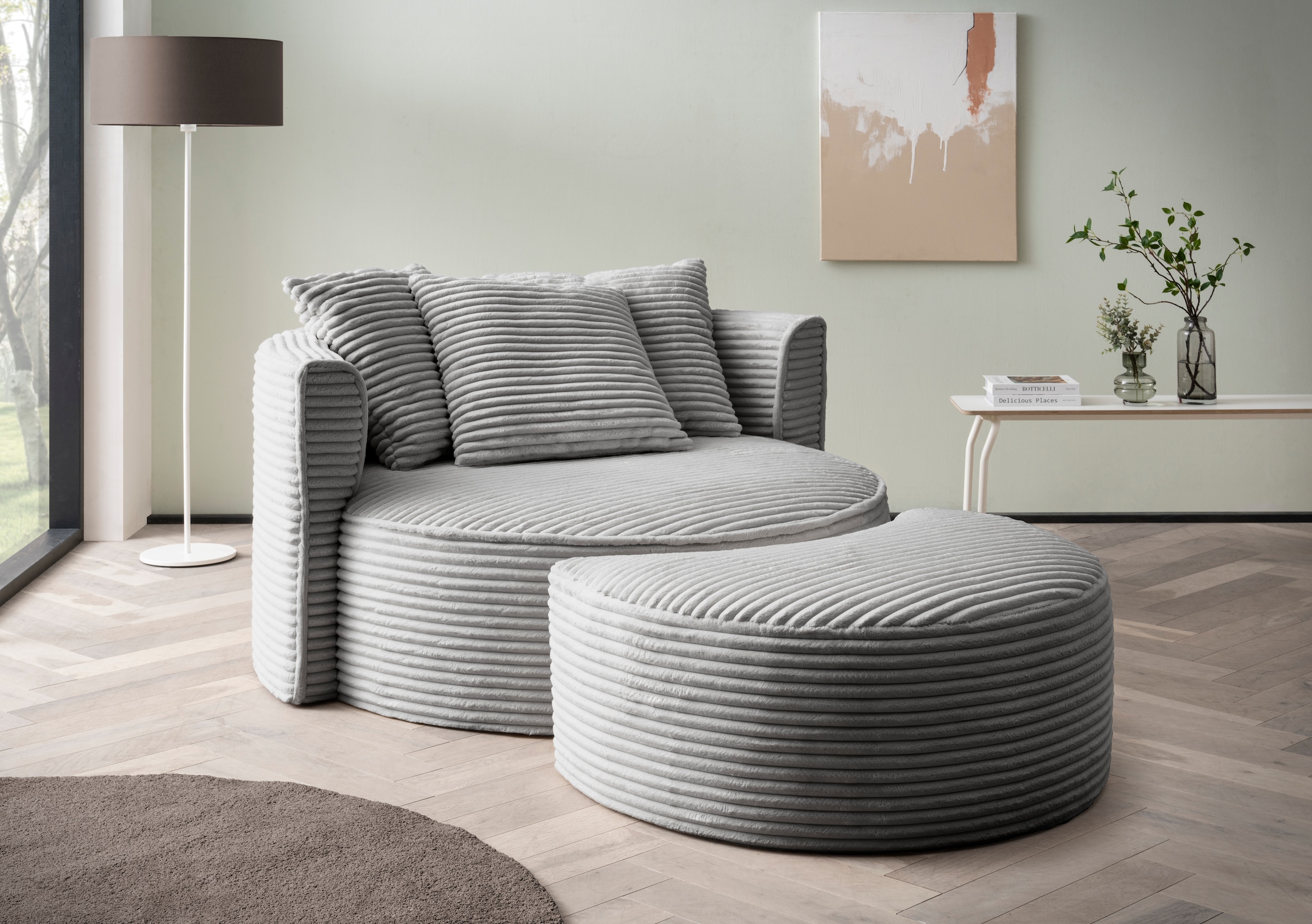 LeGer Home by Lena Gercke XXL-Sessel »ISALIE, Rundsessel mit Hocker, Lesesessel, Loveseat, Big-Sessel«, (Set), trendige Stoffe, 3 Zierkissen, grosse Sitzfläche, Cord, Samt, Bouclé