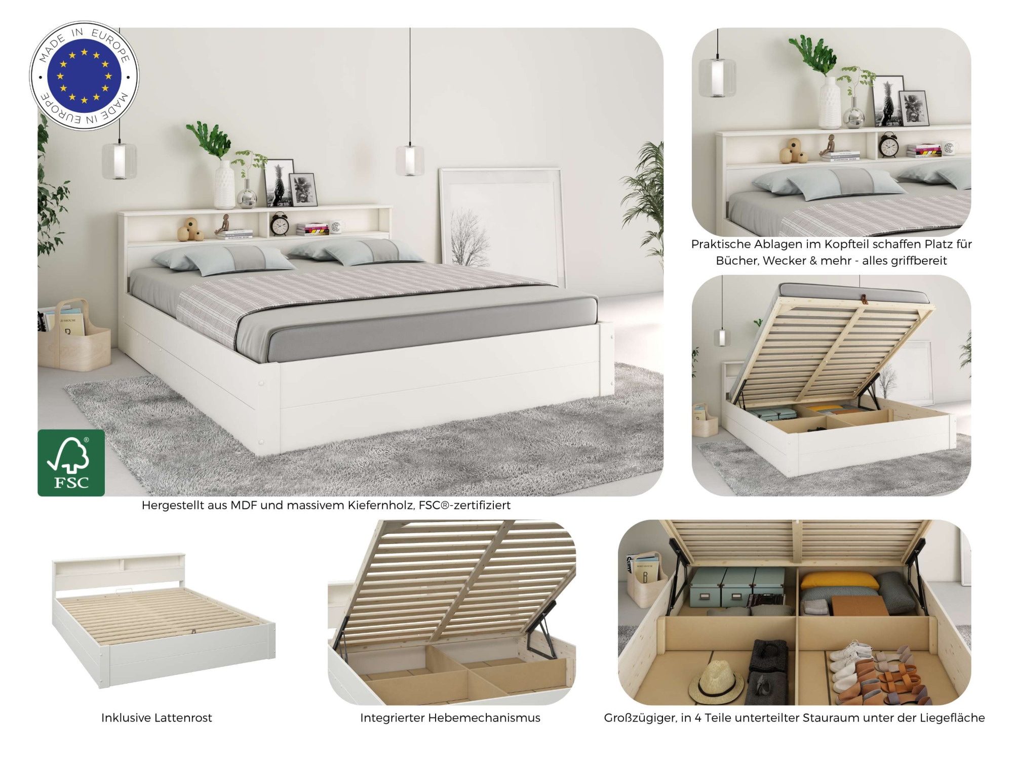 Home affaire Stauraumbett »MAREILLES«, (140x200cm), Massivholz, Hebemechanismus, Stauraum im Kopfteil und unter dem Bett
