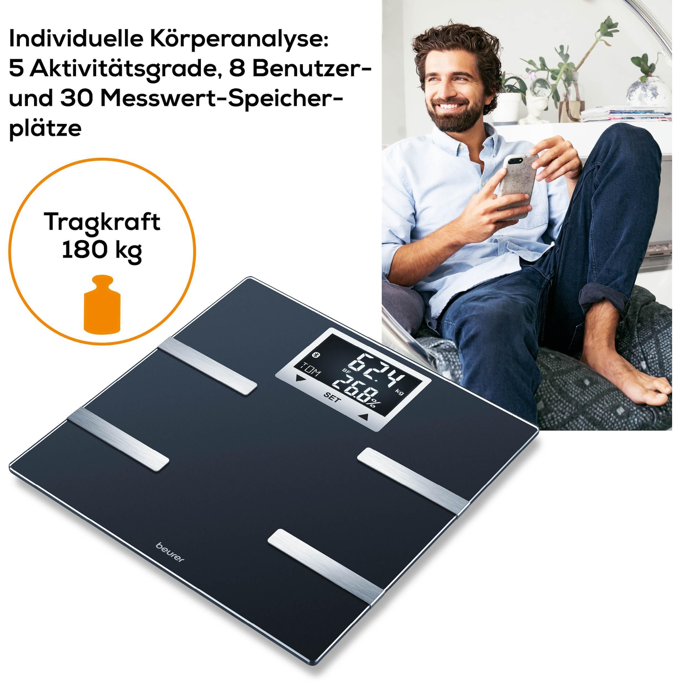 BEURER Pèse-personne d'analyse corporelle »BF 720 Messung von Körperfett, Muskelanteil, Kalorienanzeige usw.« Körperanalyse, mit App zur Übertragung und Tracking der Messwerte