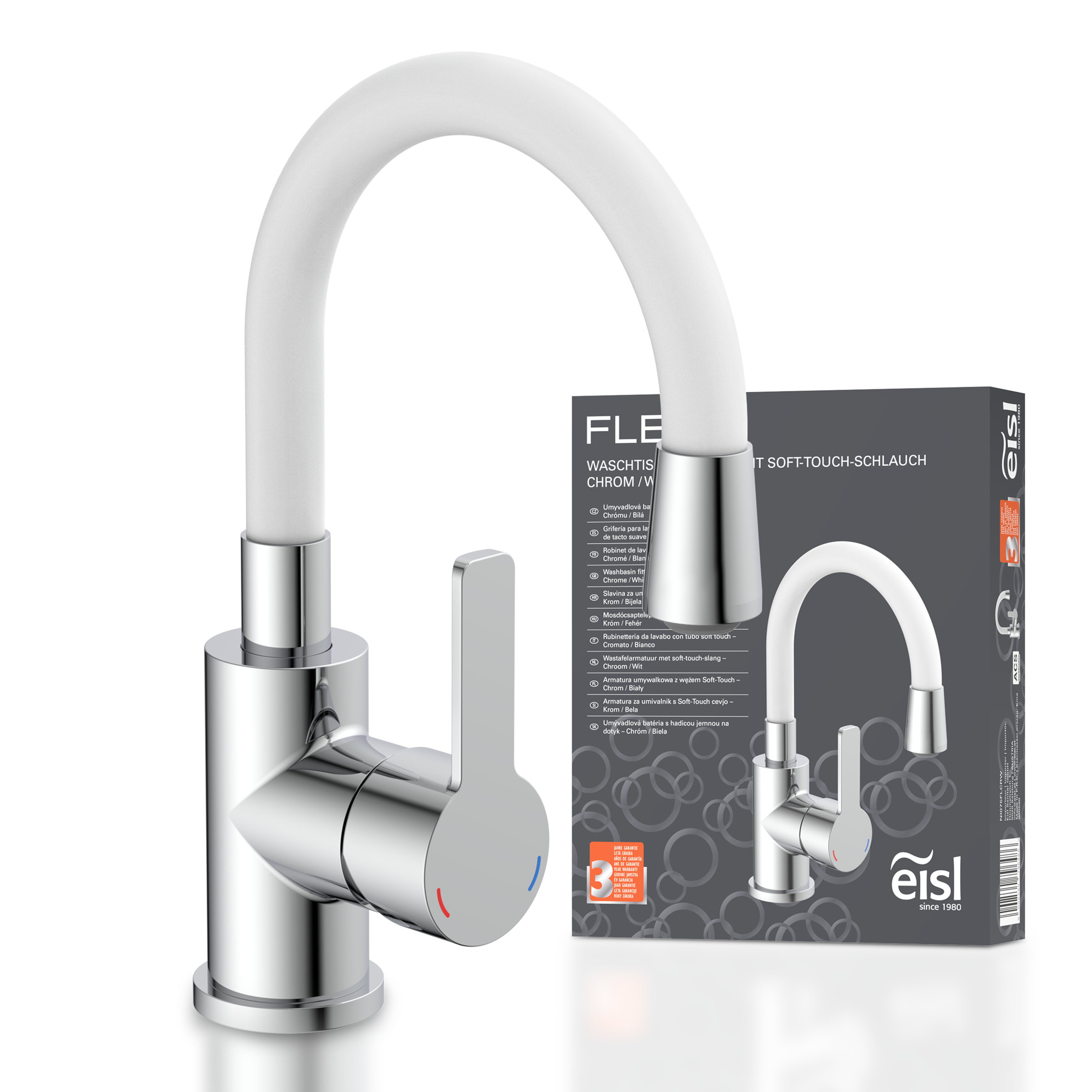 Image of Eisl Waschtischarmatur "Flexo" energiesparender Wasserhahn, Mischbatterie Waschbecken, in Weiss/Chrom