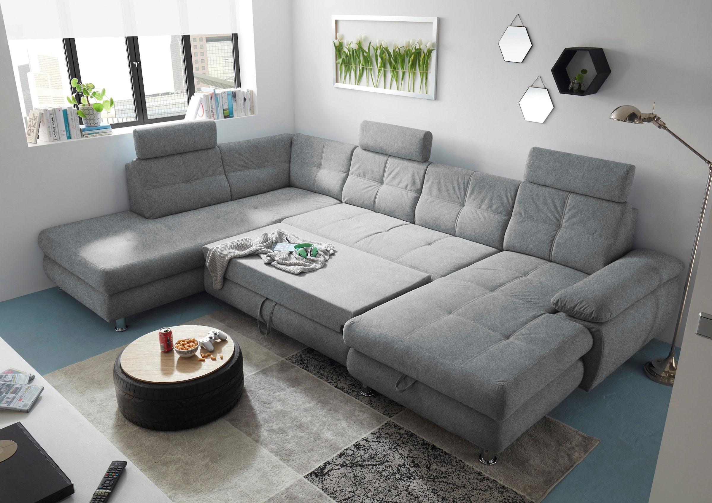 ED EXCITING DESIGN Wohnlandschaft »Alba U-Form«, mit Bettfunktion, Bettkasten, Armteilverstellung & Kopfstützen