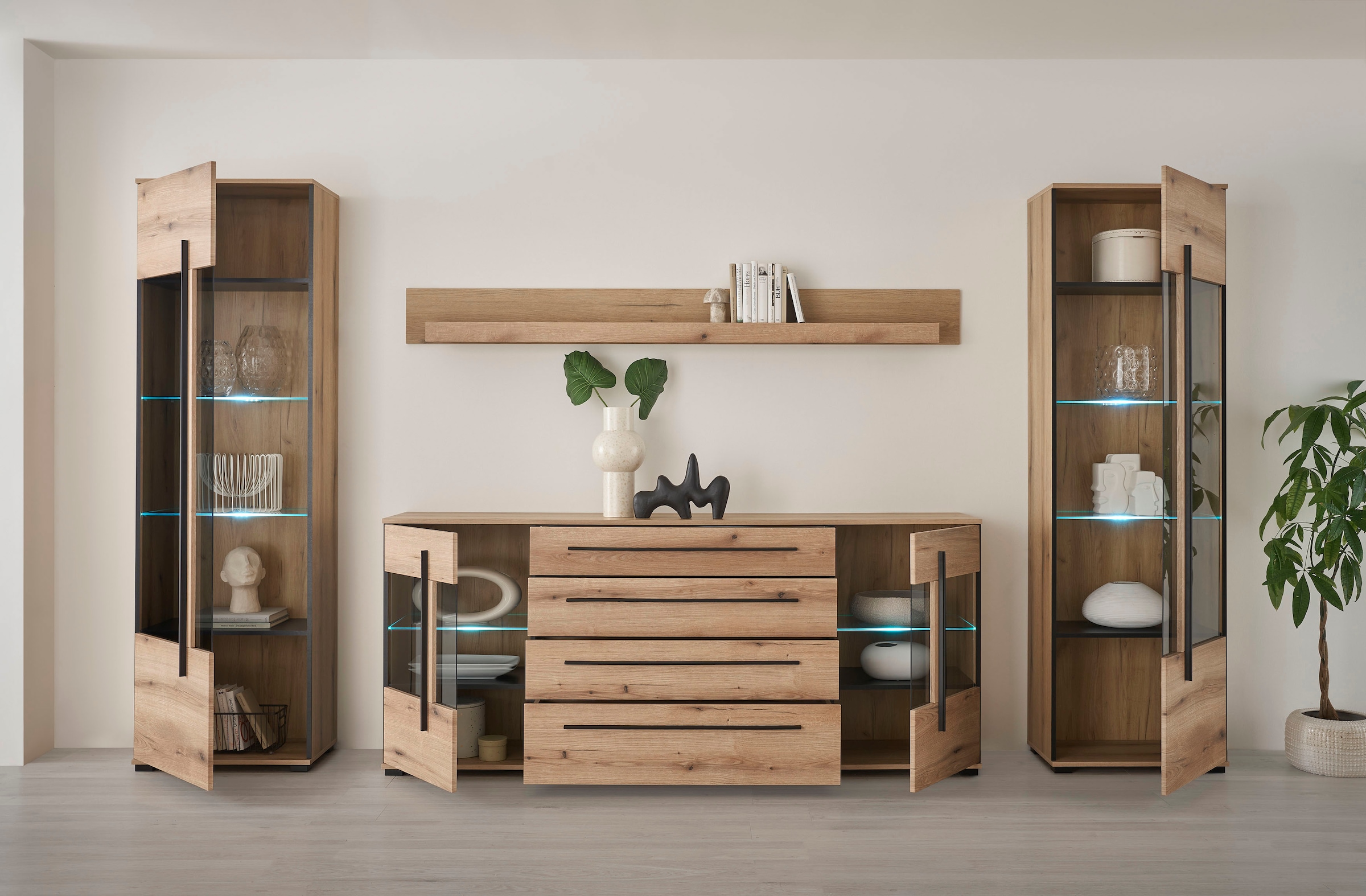 INOSIGN Wohnwand »Cantara, moderne Anbauwand, Wohnzimmer-Set, in Eiche Evoke oder Weiss«, (Set), enthält zwei Vitrinen, ein Sideboard und ein Wandboard