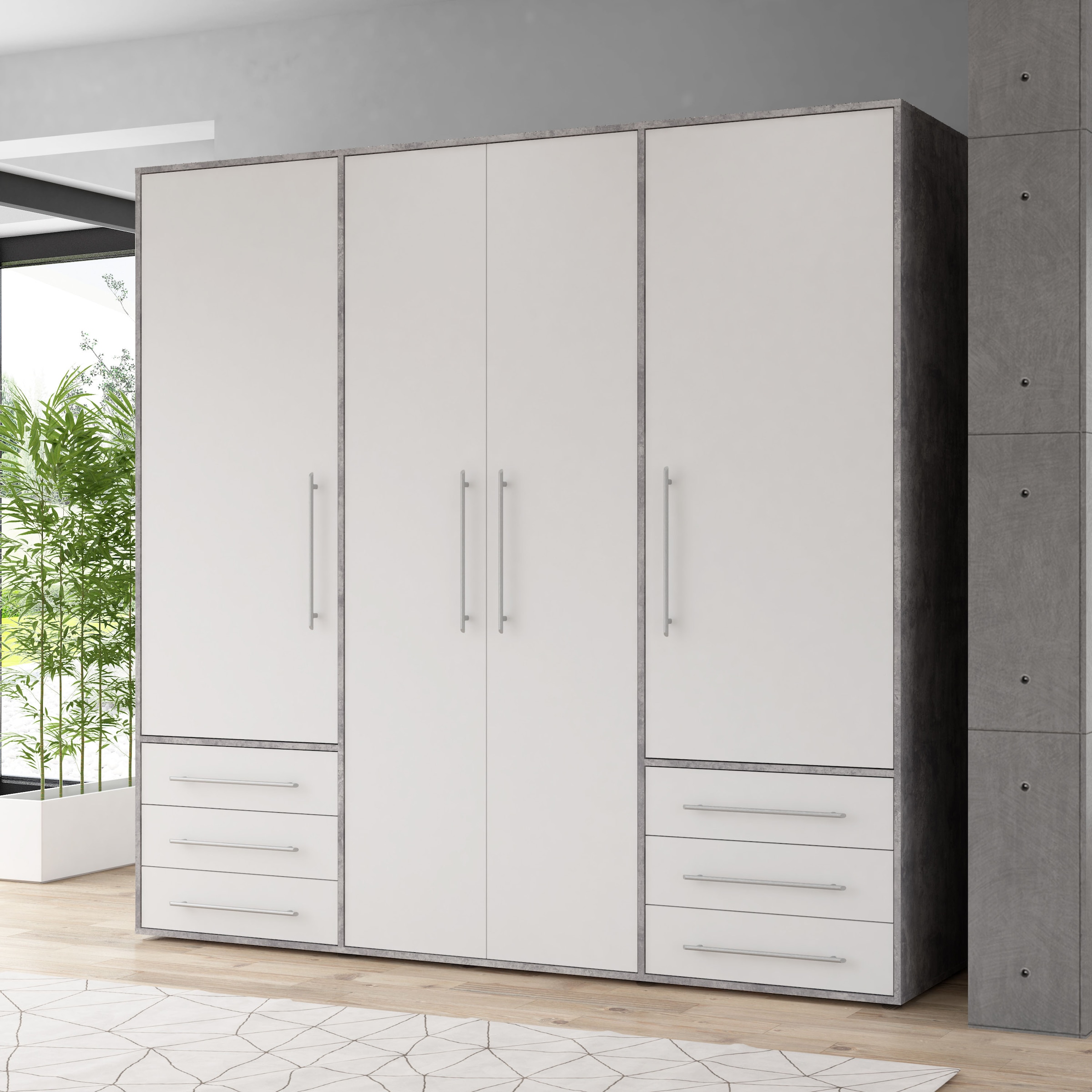FORTE Drehtürenschrank »Mokkaro, Kleiderschrank,zeitloses Design, 4 türig« viel Stauraum, Schubladen, Stangengriffe, Made in Europe