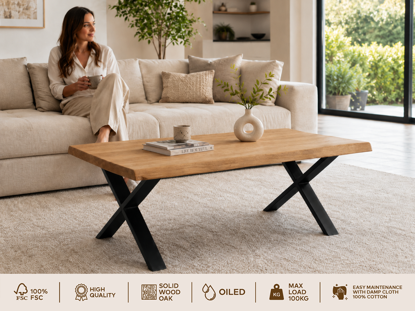 GOODproduct Couchtisch »Narvik, Wohnzimmertisch, Sofatisch, Beistelltisch, Kaffeetisch« Wildeiche geölt Natur/Smoke, Baumkante, Metallgestell