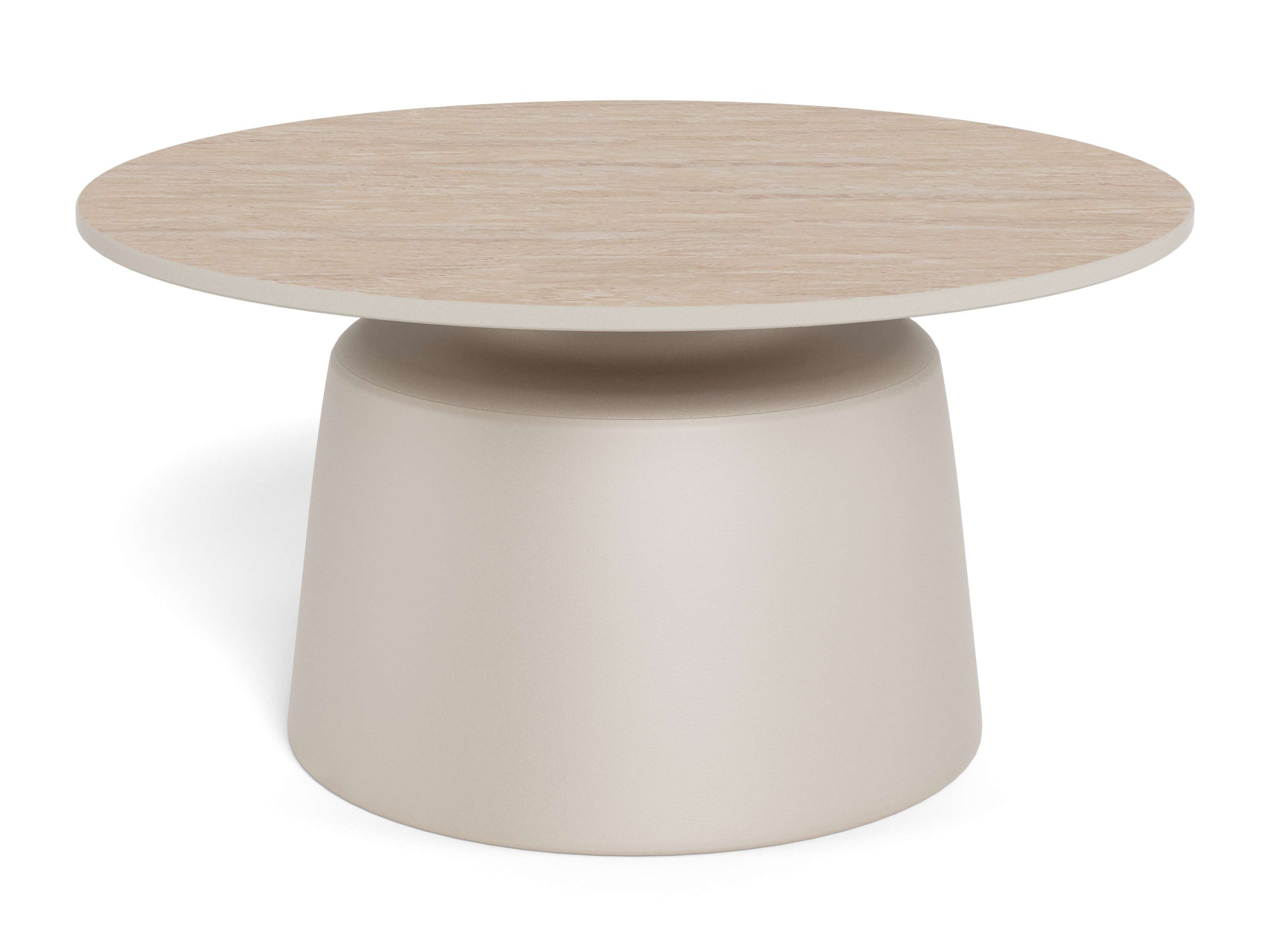 Image of ACTONA GROUP Couchtisch "Santorini Kaffetisch - modern & stilvoll mit langlebiger Keramikplatte" Hellbeige Travertin-Keramik, graues Stahlgestell. Ø: 70 cm