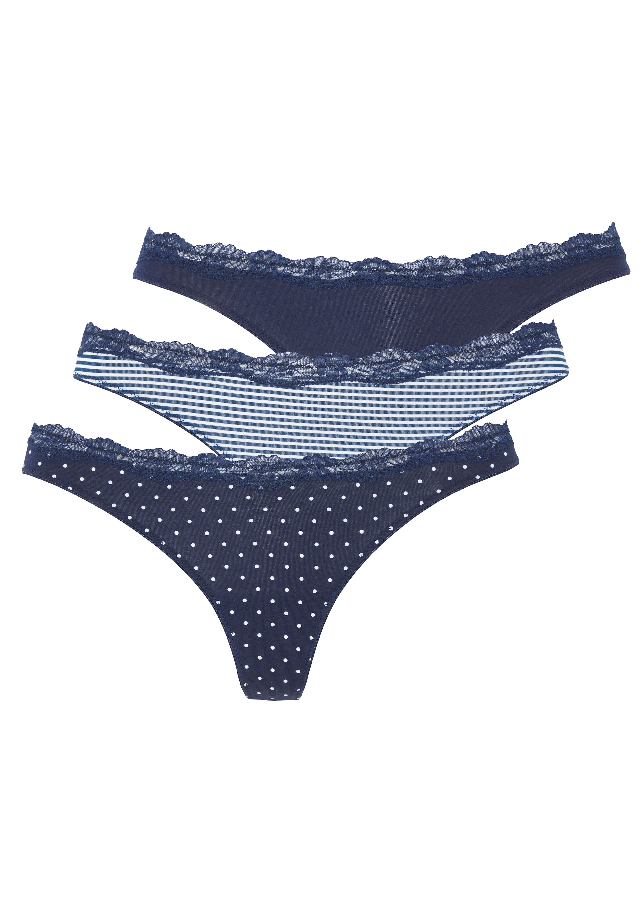 Image of LASCANA String 3er-Pack, aus elastischer Baumwolle mit zarter Spitze
