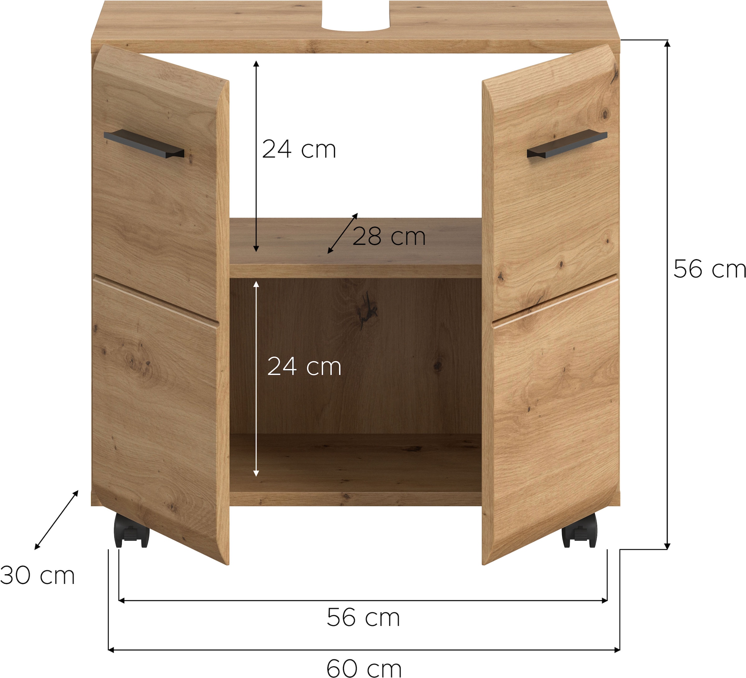 welltime Waschbeckenunterschrank »FLORENZ,  Breite 60cm, inkl. Siphonausschnitt, mit Türen oder Schüben« TOPSELLER!,  hochwertige MDF Front, Griff schwarz, Badschrank, Bad