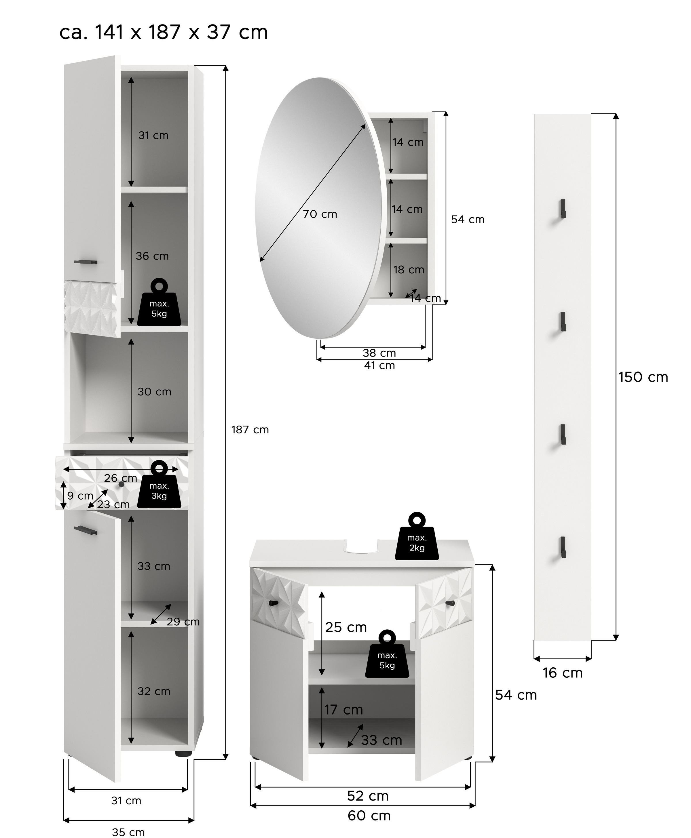INOSIGN Ensemble de salle de bains »VICENZA, TOPSELLER!, Breite 141cm, 4-teilig, mit Ornamentabsetzung« Hochschrank, Waschbeckenunterschrank, Spiegelschrank und Hakenleiste, 