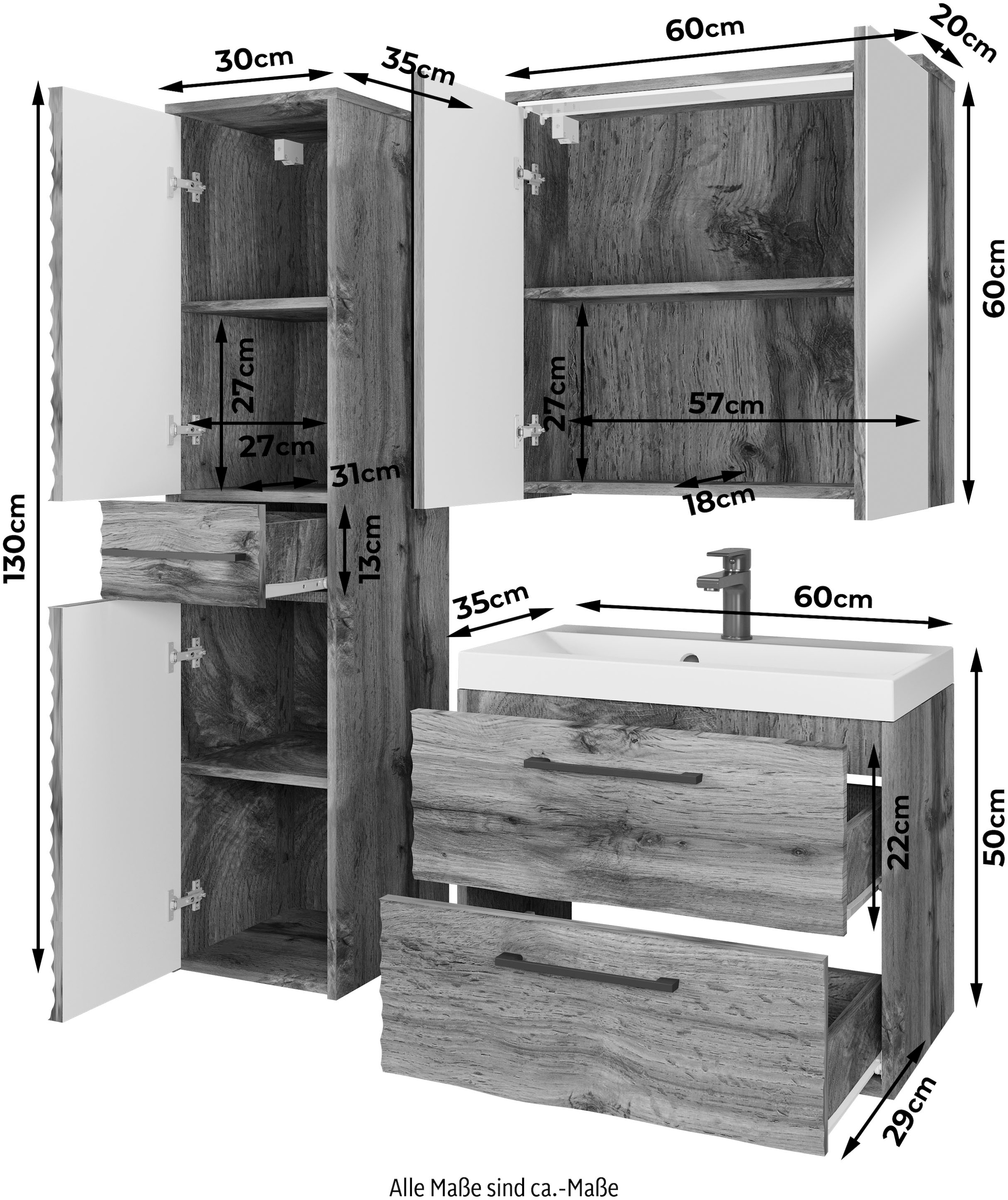 welltime Ensemble de meubles de salle de bain »Canada - Fronten mit Wellenstruktur« Ensemble complet, Façades avec structure ondulée, 3 cuis tlg.
