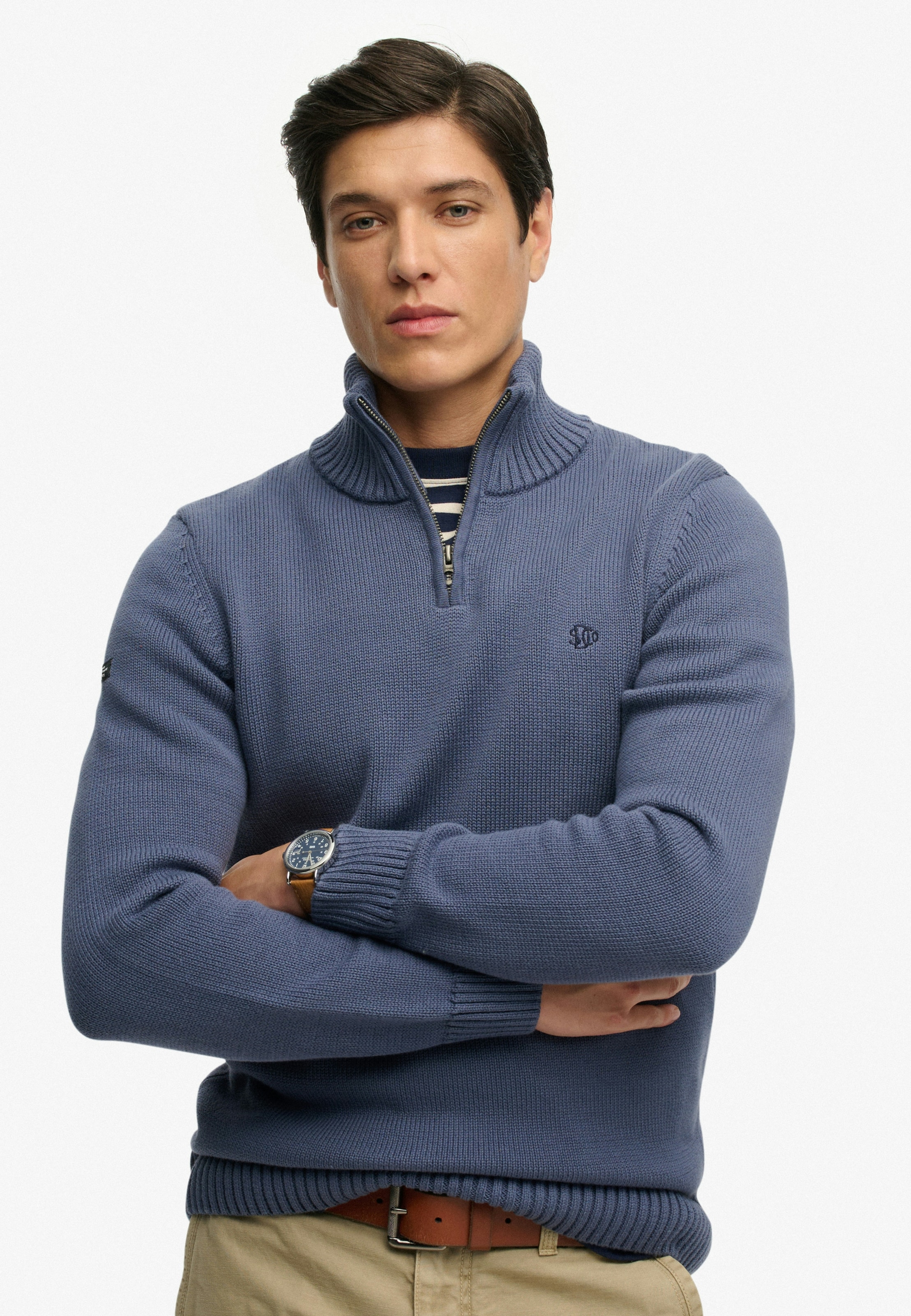 Superdry Strickpullover »COTTON KNIT HENLEY« aus Baumwolle, Slim Fit, mit Stehkragen, hüftlange Form, pflegeleicht