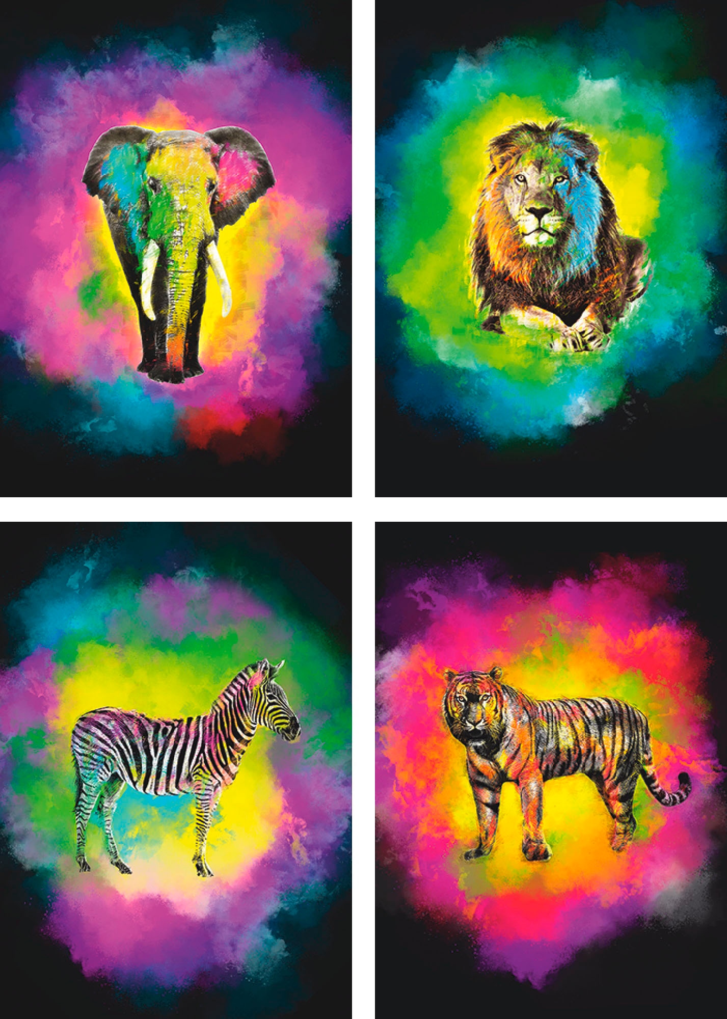 Artland Poster »Farbexplosion Elefant Löwe Zebra Tiger«, Wildtiere, (4 St.),  Poster, Wandbild, Bild, Wandposter jetzt kaufen