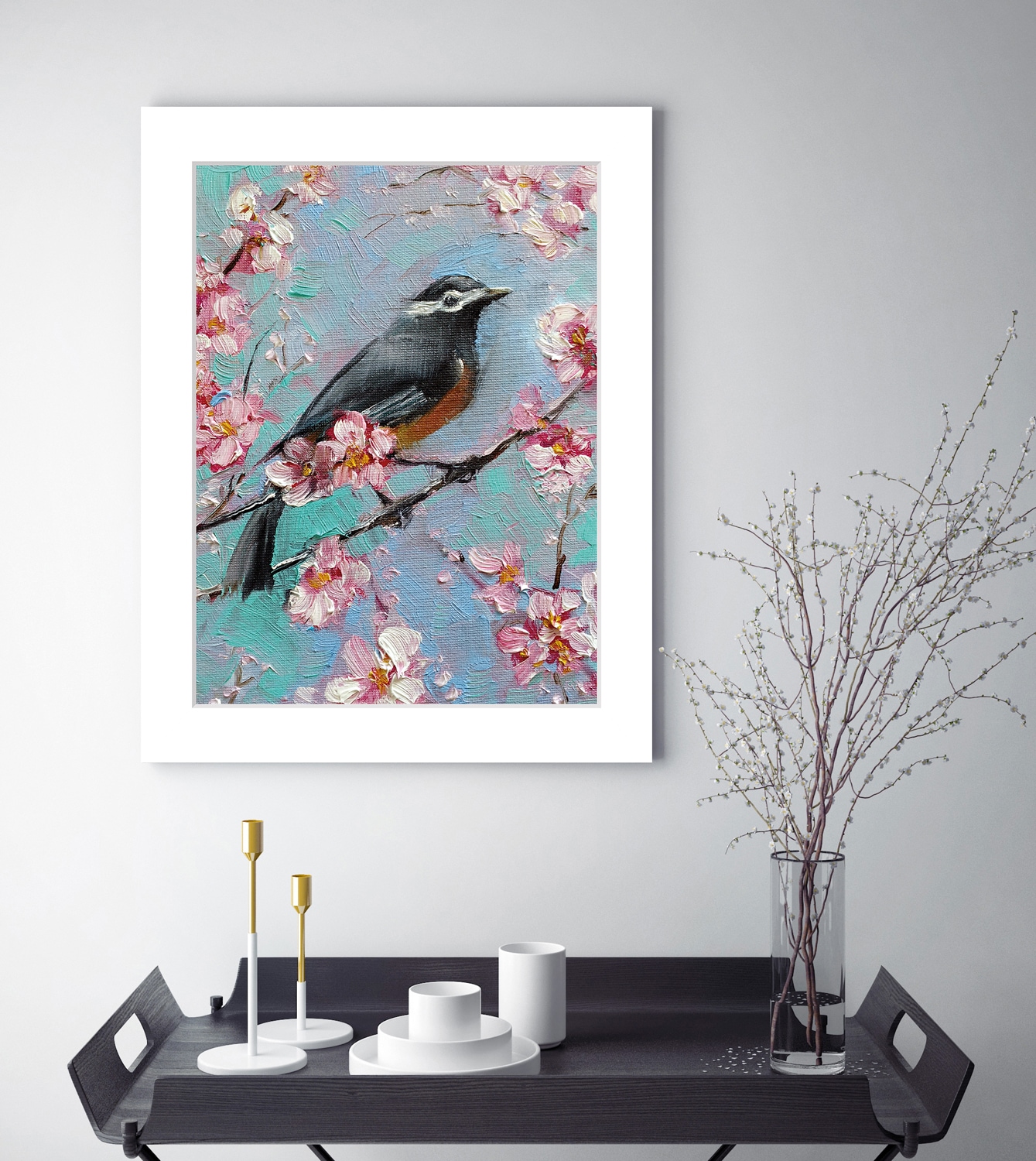 Image of queence Bild "Mona" Blumen Blumenbilder Gemälde Kunst Vogelbilder Vögel gerahmt