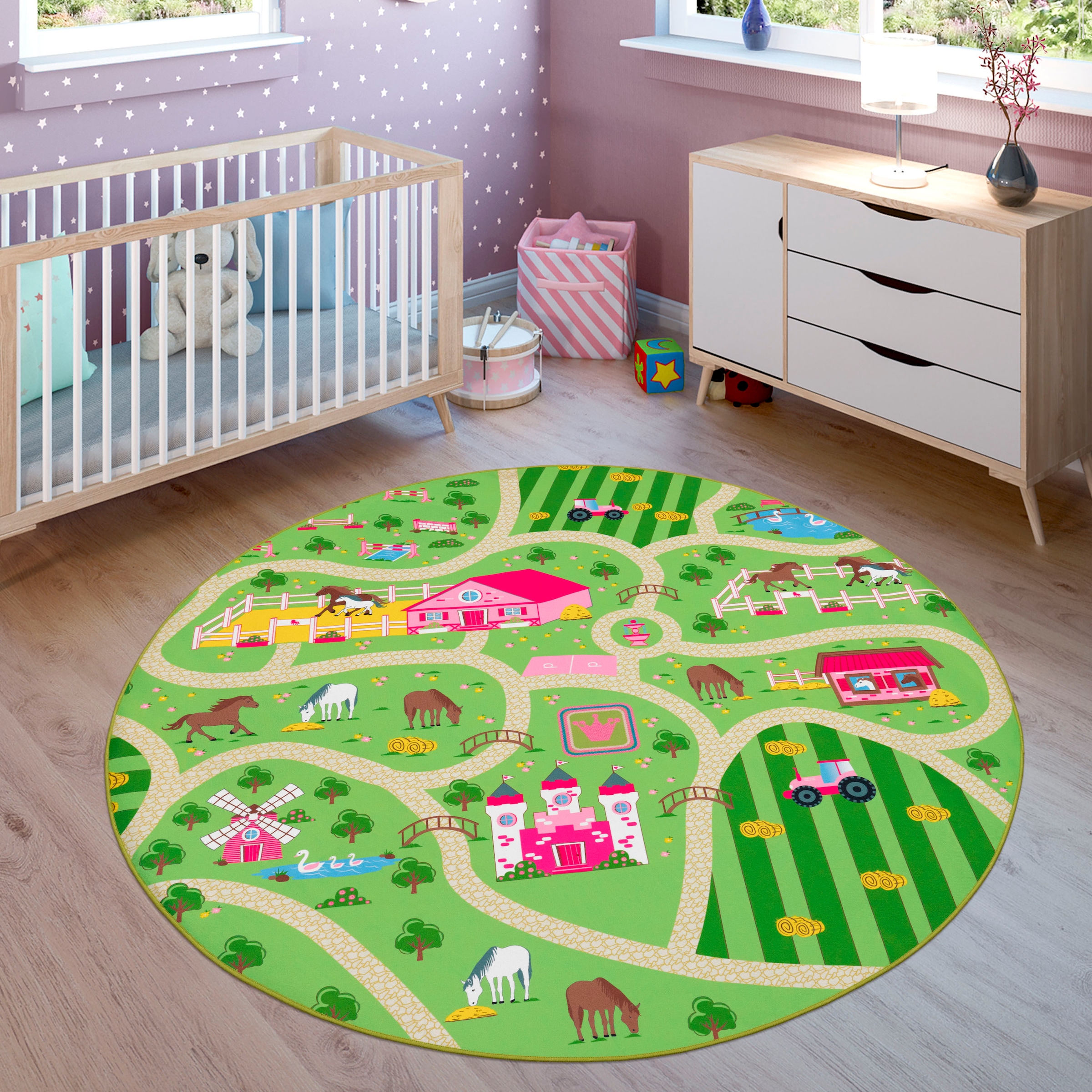 Image of Paco Home Kinderteppich "Bino 560" rund 4 mm Höhe Kurzflor, Strassen-Spiel-Teppich, rechteckig oder rund, Motiv Bauernhof