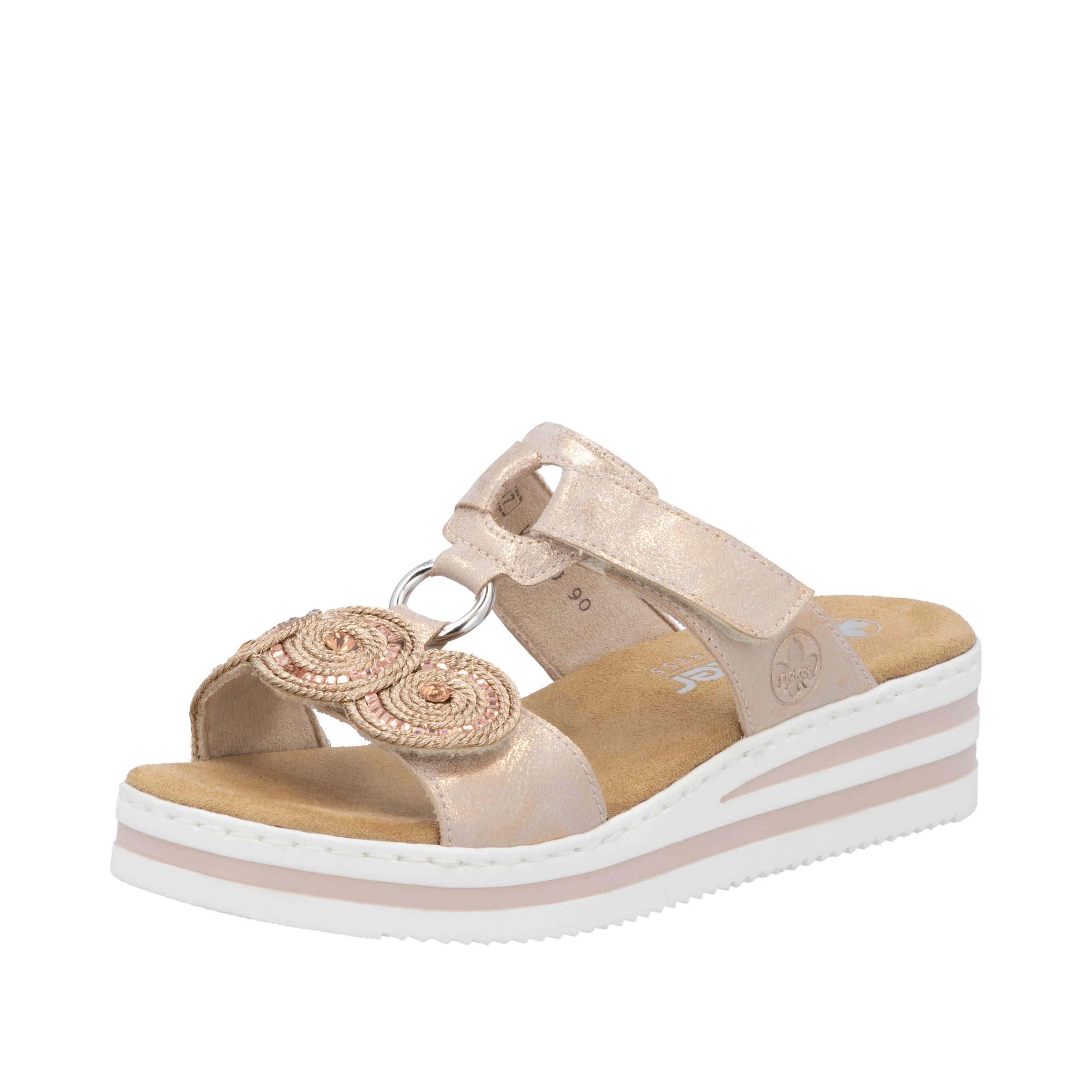 Image of Rieker Pantolette Sommerschuh, Urlaubsschuh mit Glitzersteine, Metallic-Optik