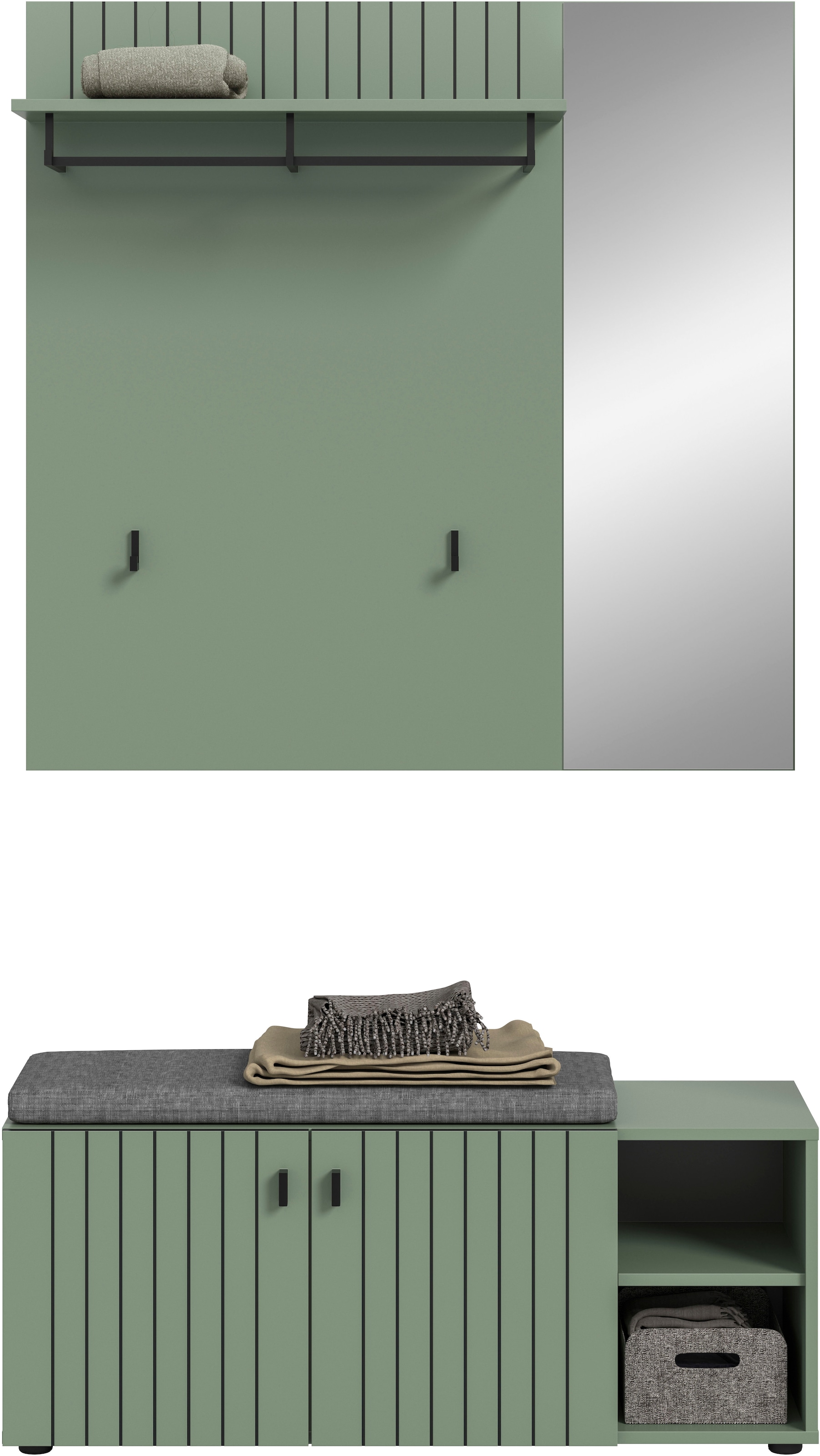 Home affaire Garderoben-Set »TATIO, 3-tlg. Garderobenkombination, Breite: 106 cm, Rillenfräsung« Set, Set, best. aus: 1Paneel, 1 Garderobensitzbank inkl. Kissen, 3 Stk. tlg.