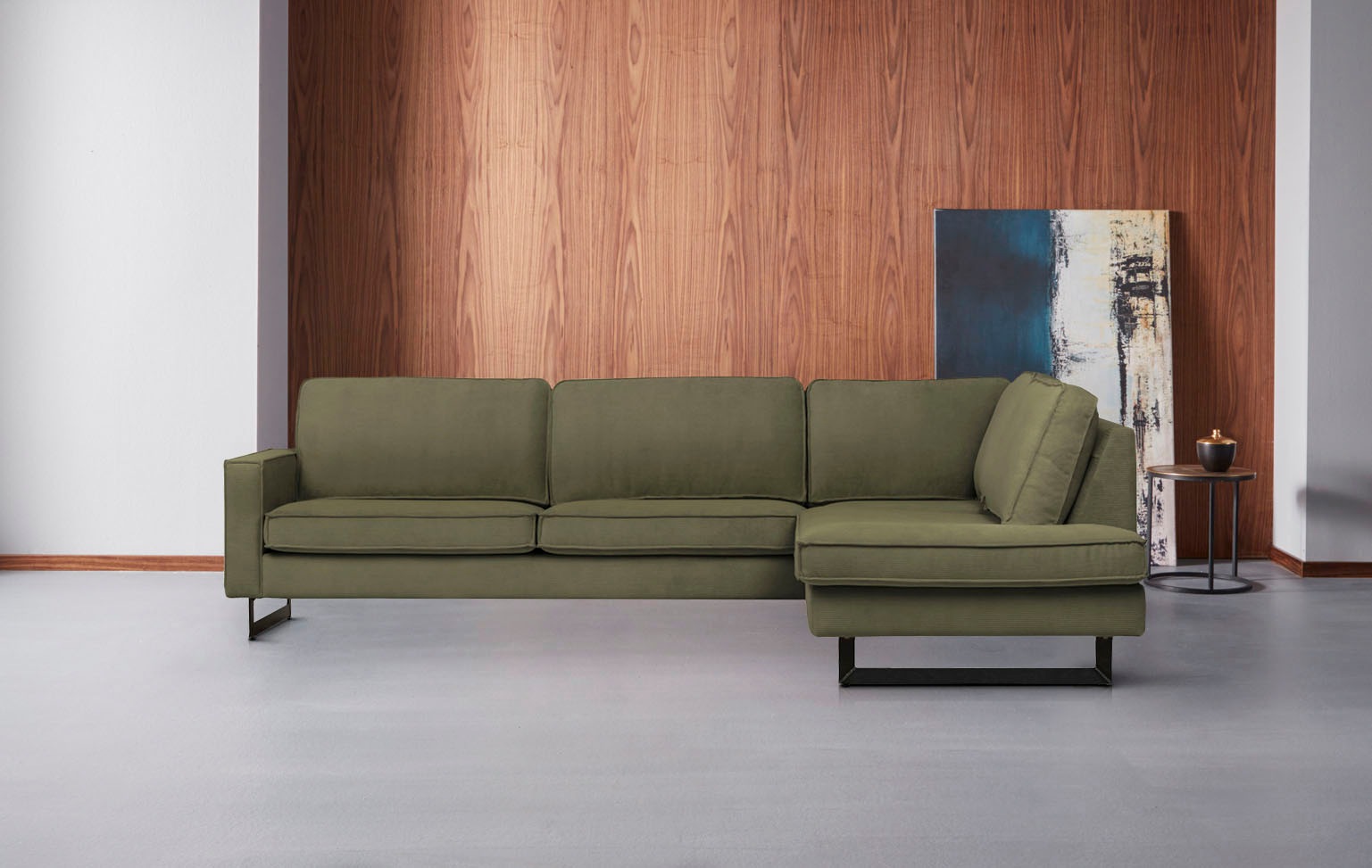 Places of Style Ecksofa »Pinto, 290 cm, Cord, Chenille, Lederoptik, Ottomane links / rechts«, mit Keder, schwarze Metallfüsse, Wellenunterfederung