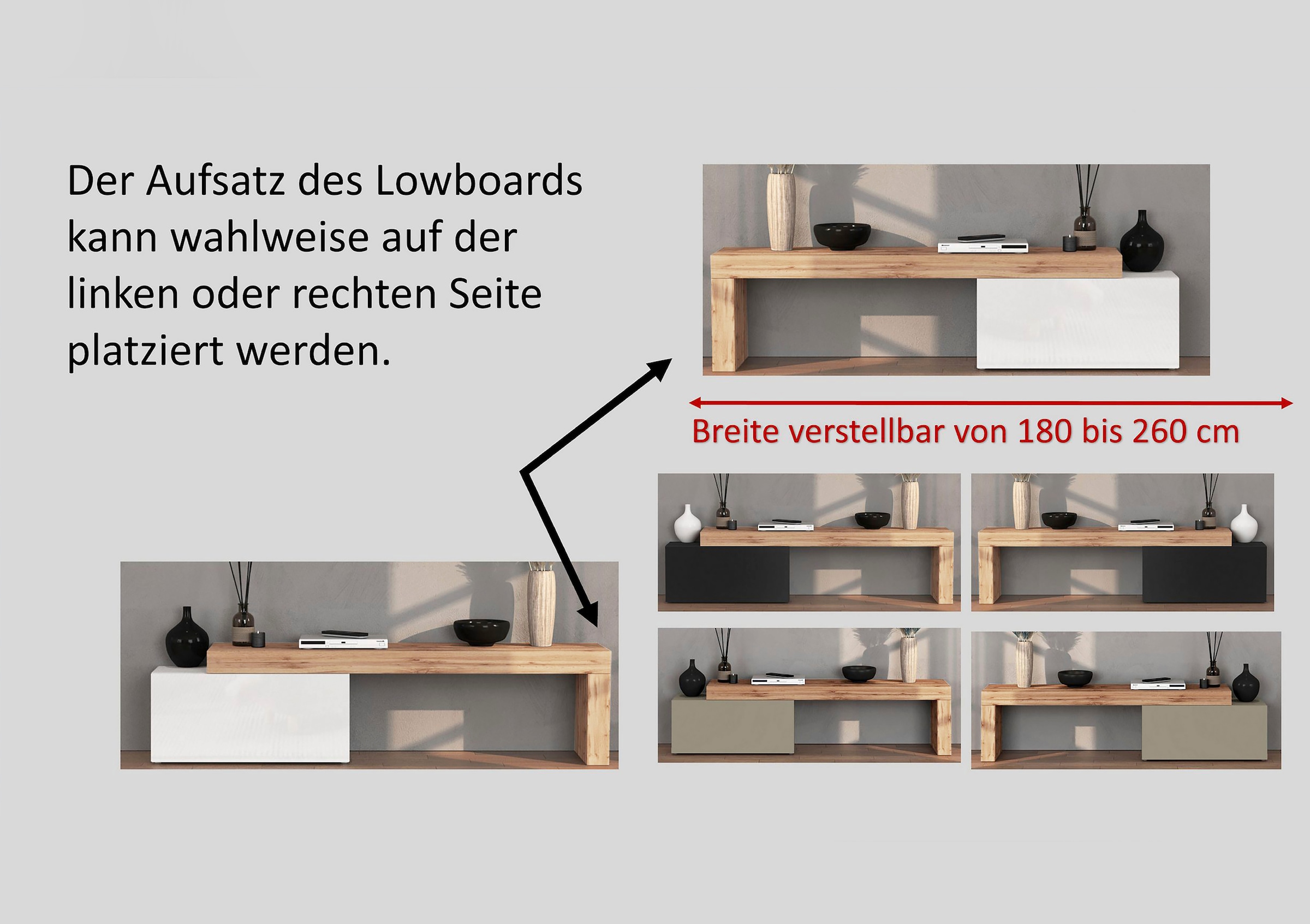 GOODproduct Lowboard »Chronos TV-Board, TV-Schrank« Breite verstellbar von 180 bis 260 cm, 1 Stk. tlg. Breite 220 cm TV-Board,Lowboard,1 Klappe und ein L-Förmiger Aufsatz