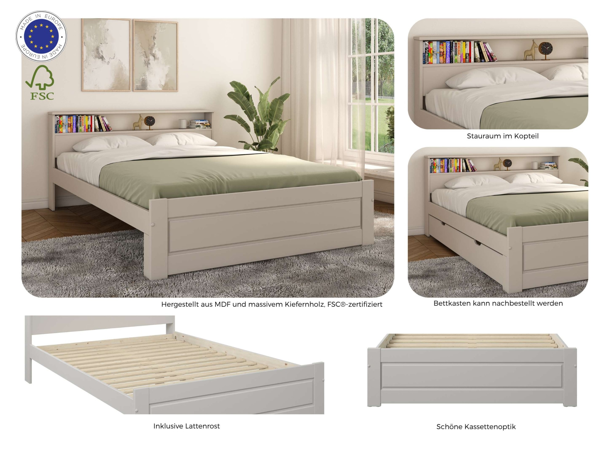 GOODproduct Lit en bois massif »FLAVION, TOPSELLER! Jugendbett, FSC® zertifizierte massive Kiefer« Breite: 90, 140, 180,  Qualitätsprodukt, Regal, Kassettenoptik, Schublade optional