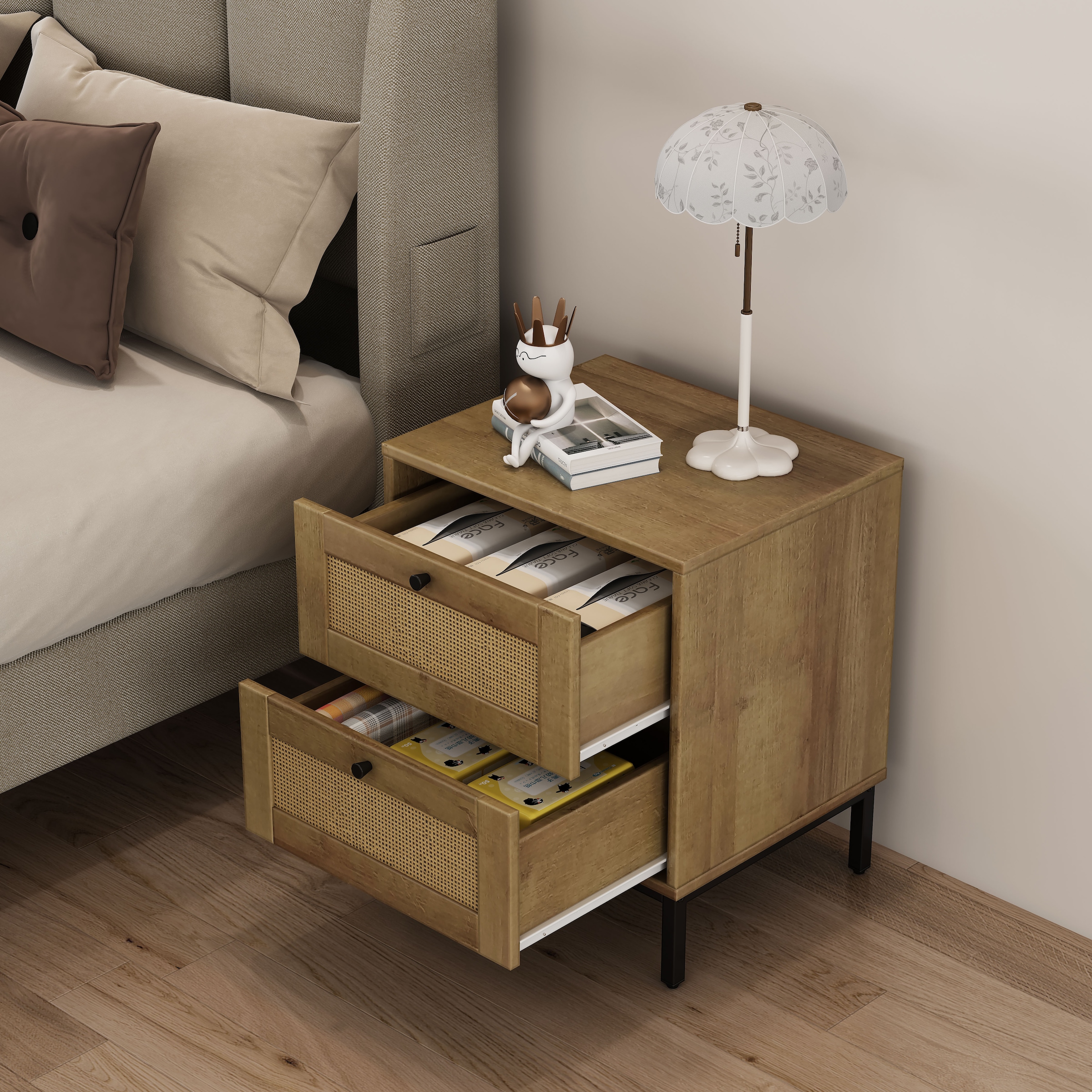 GOODproduct Nachtkommode »Motala Nachtschrank Set BOHO Style mit Geflecht Schubladen Bestseller« Set, 2 Schränke im Set - Eichen-Design mit schwarzen Griffen, 