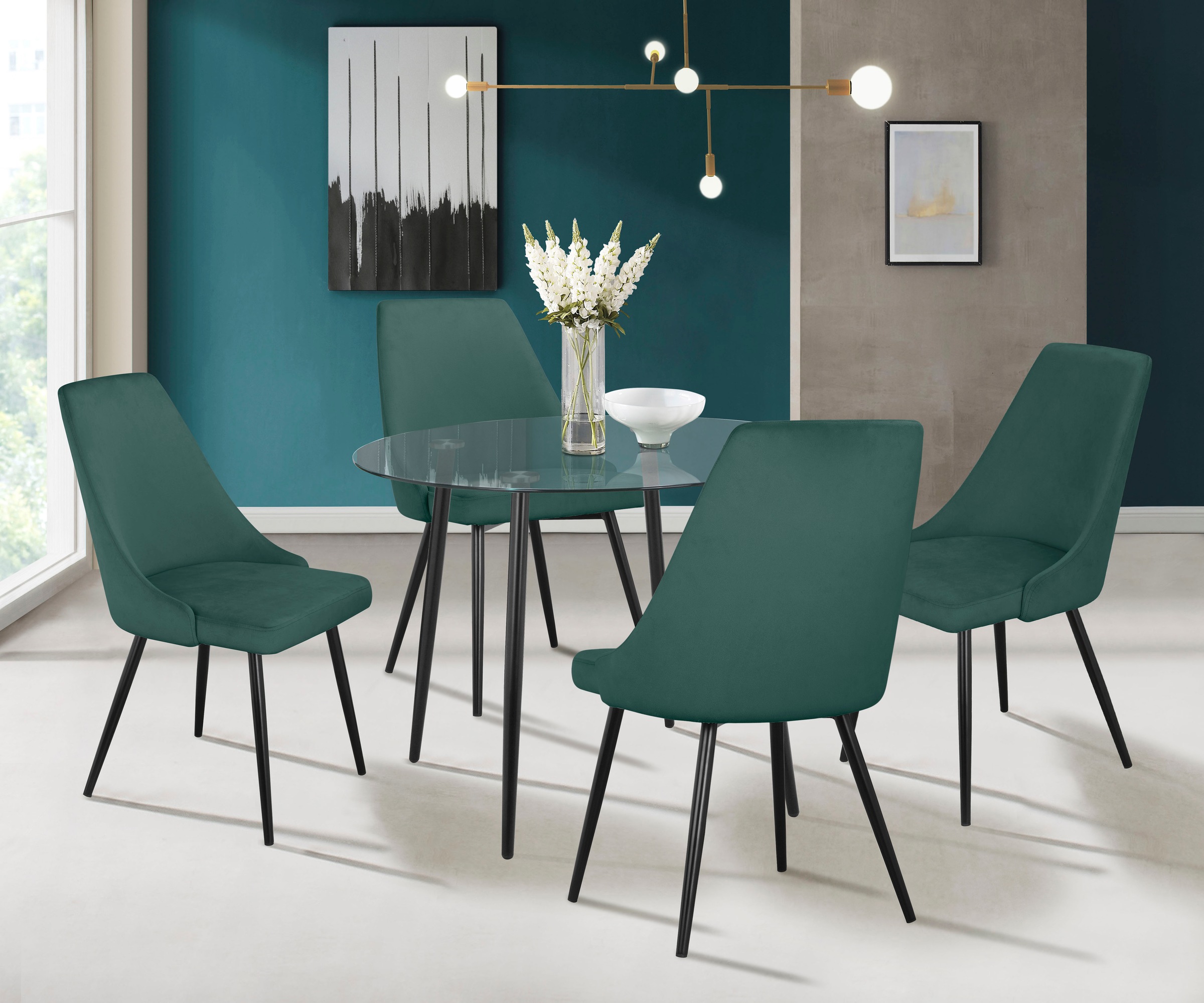 Image of GOODproduct Essgruppe "Danny-Malio" Set, Set 100 cm, 5 Stk. tlg. Glastisch 100x100 cm mit 4 Stühlen (Veloursstoff), Gestell aus Metall