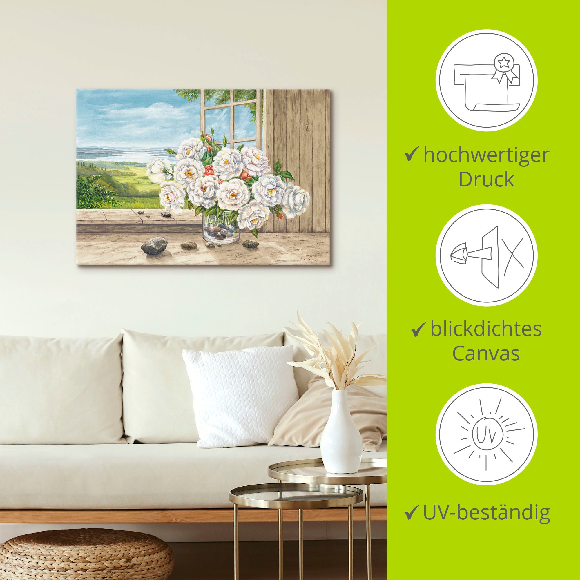 Artland Wandbild »Weisse Rosen am Fenster«, Blumen, (1 St.), als Alubild, Leinwandbild, Wandaufkleber oder Poster in versch. Grössen