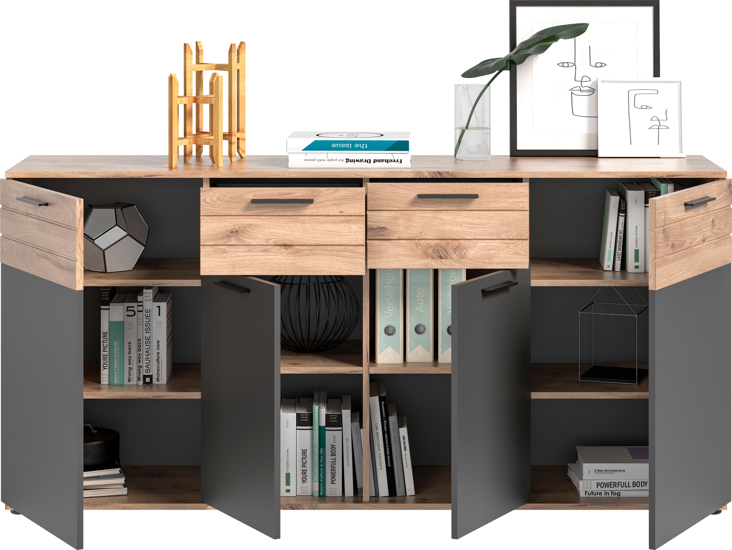 INOSIGN Sideboard »Riga, Breite 180cm, 4 Türen, 2 Schubkästen, 6 Einlegeböden, 10 Fächer« hochwertige Rillenfräsung, mit Softclose, Kommode, Anrichte, Schrank