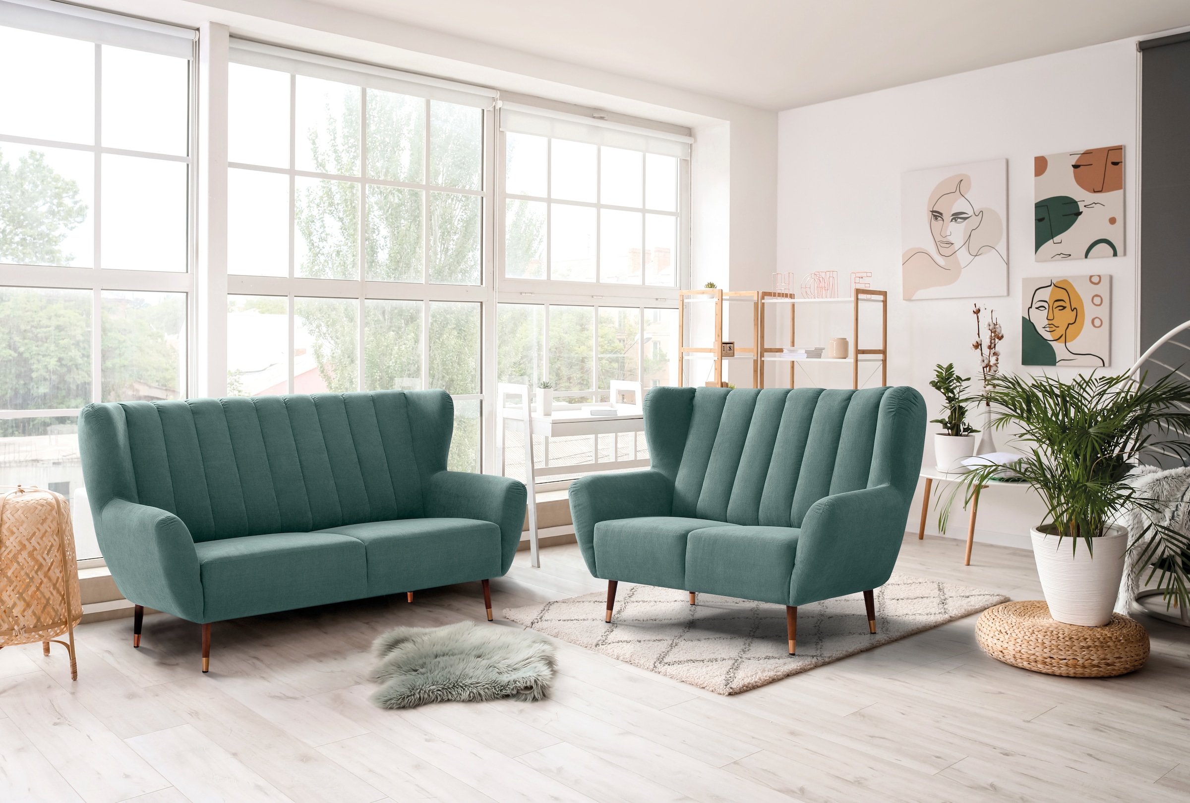 exxpo - sofa fashion 2-Sitzer »Polly, bequem mit hoher Rückenlehne, hohe Füsse, Ohrensesselcouch«, Küchensofa, hochwertige Bezugsvarianten und aktuelle Farben