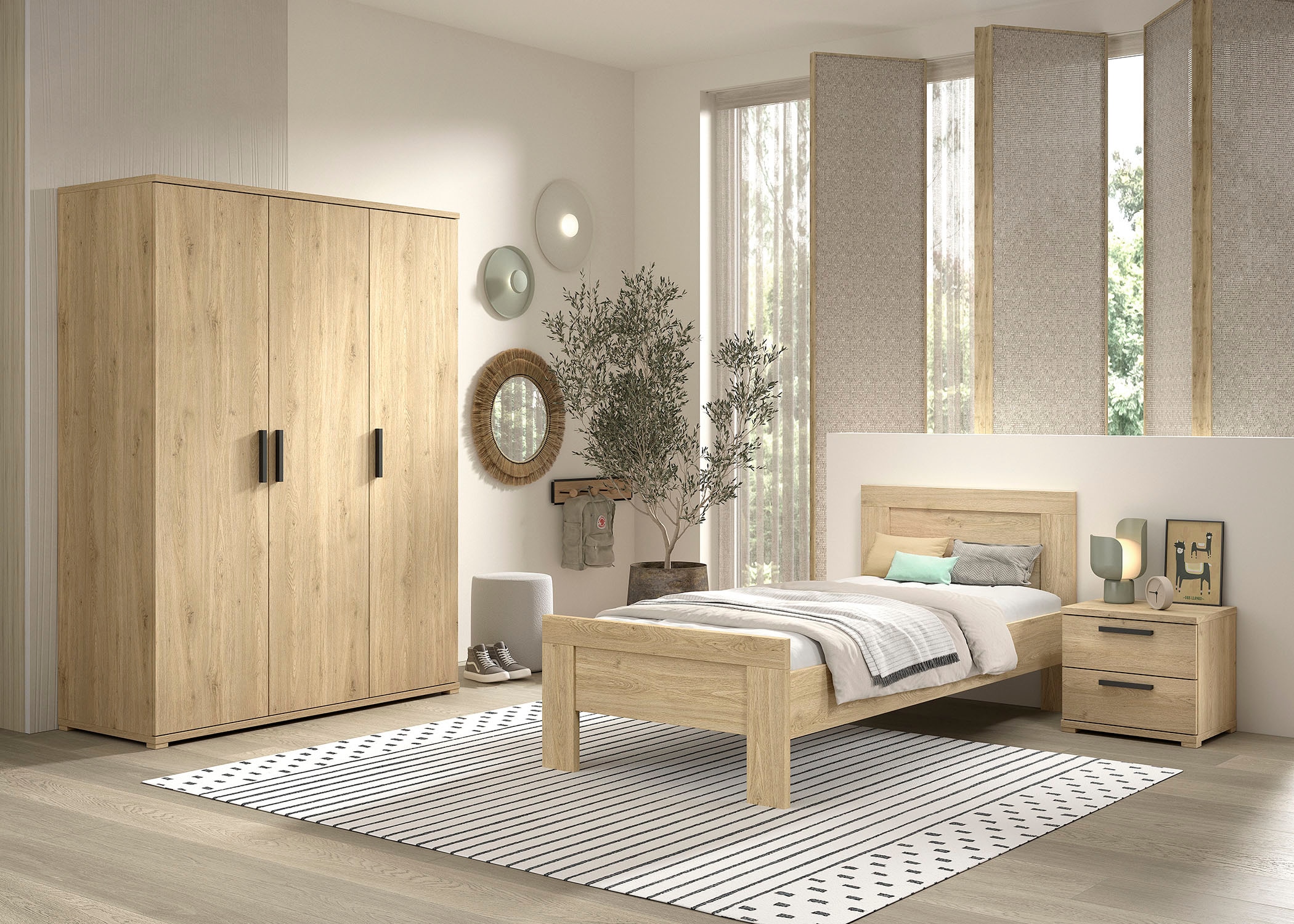 Vipack Jugendzimmer-Set »SAM - Bett, Nachtkonsole, Kleiderschrank 3-trg., gradliniges Design« Schubladen auf Metallauszug, Kleiderschrank 3-trg. mit viel Stauraum, 3 tlg. tlg.
