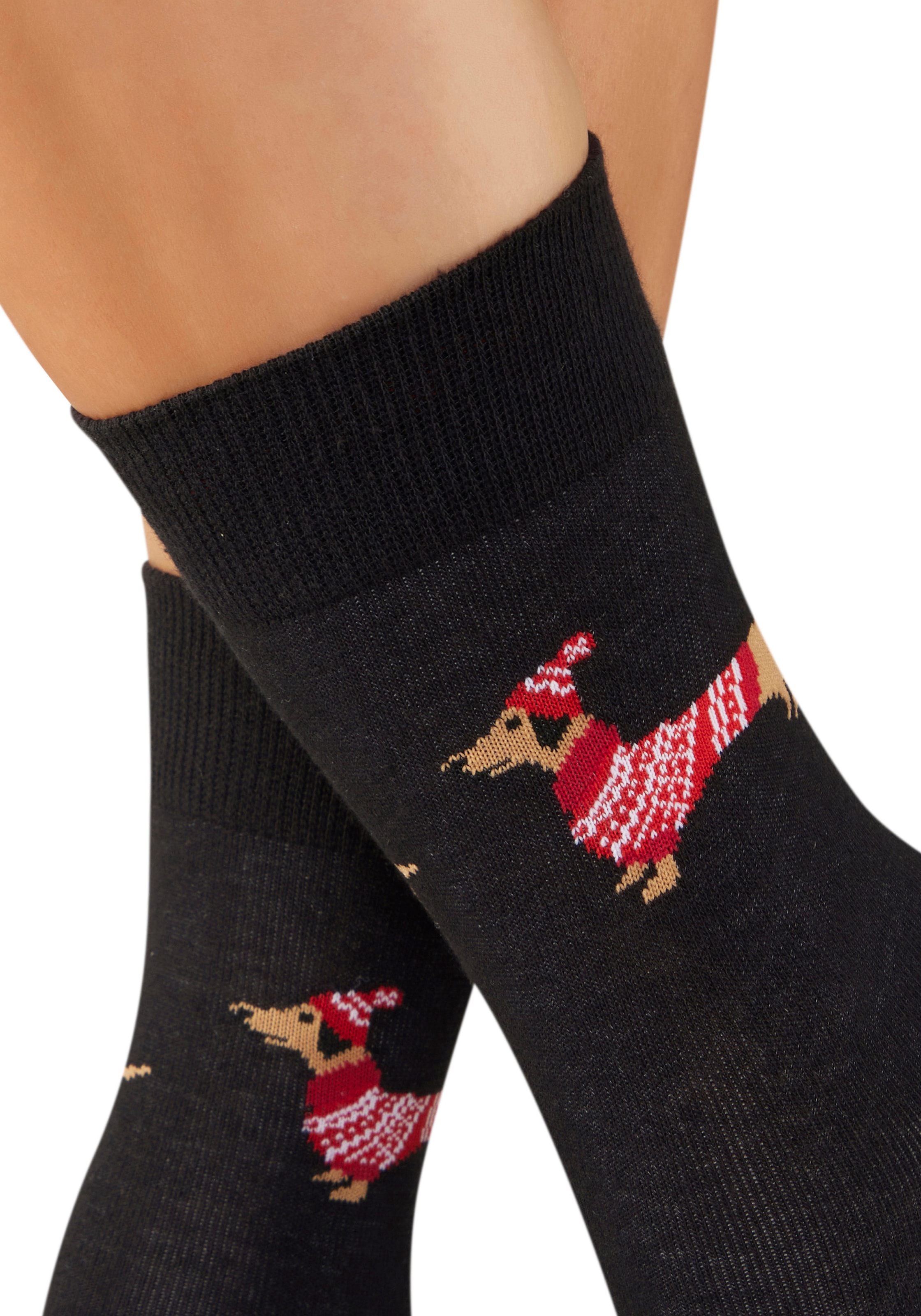 LASCANA Chaussettes Packung, 3 Couple tlg. mit weihnachtlichem Dackelmotiv