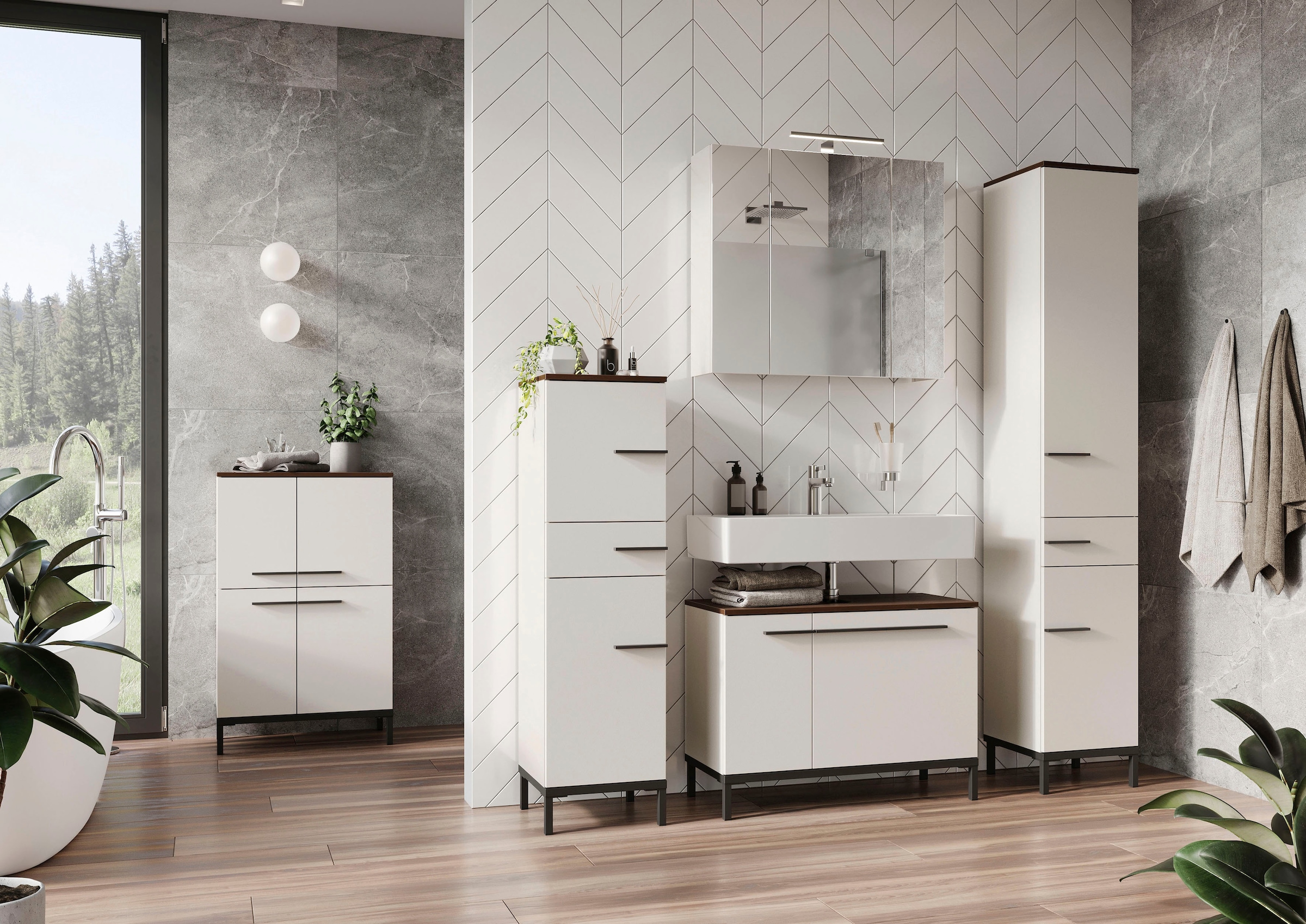 GERMANIA Waschbeckenunterschrank »Yonkers«, Hochwertige ABS-Kanten, Griffe & hohe Füsse aus Metall, Breite 80 cm
