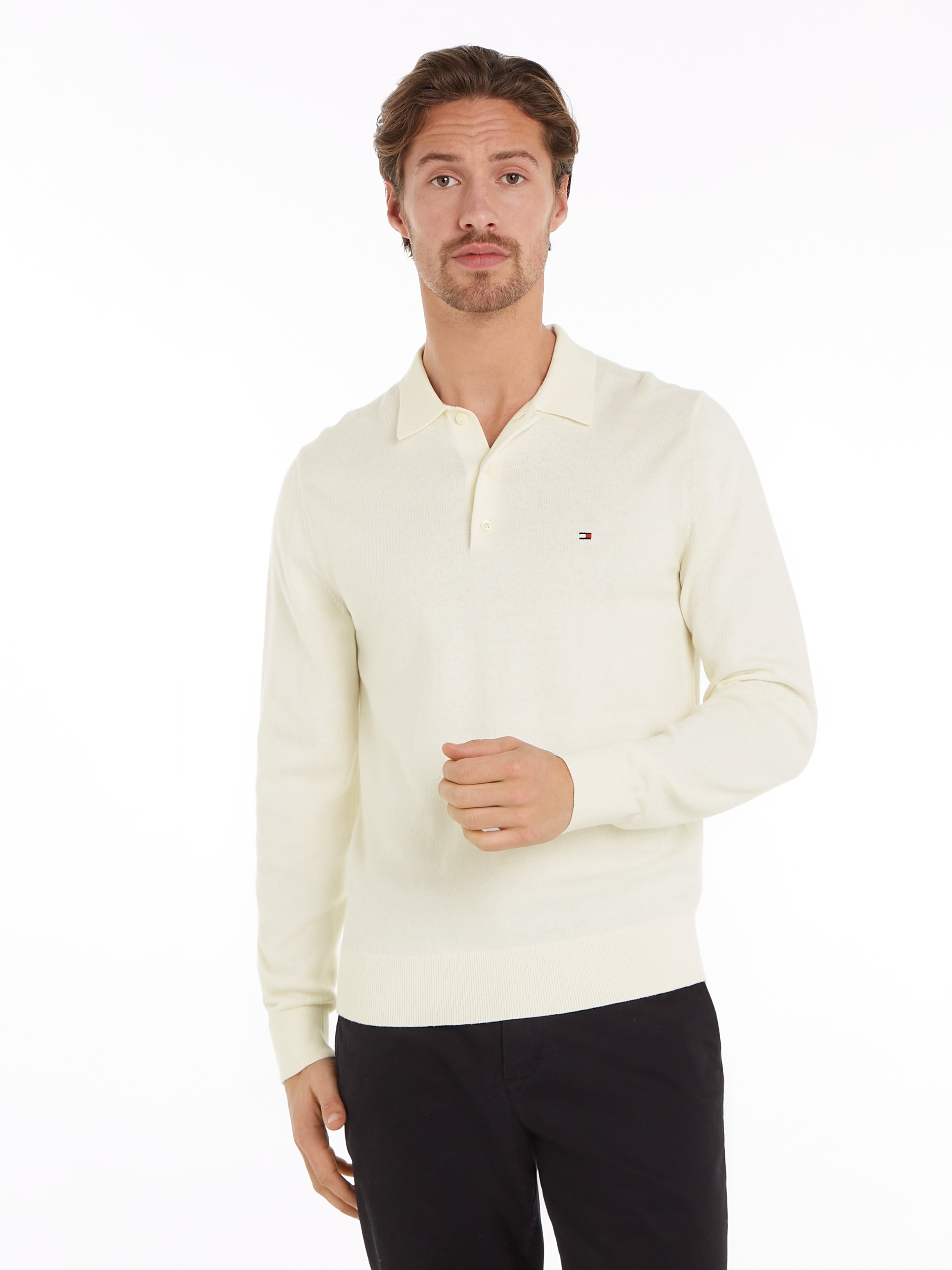 Tommy Hilfiger Polokragenpullover »PIMA ORG CTN CASHMERE LS POLO«, Flag-Stickerei auf Brust