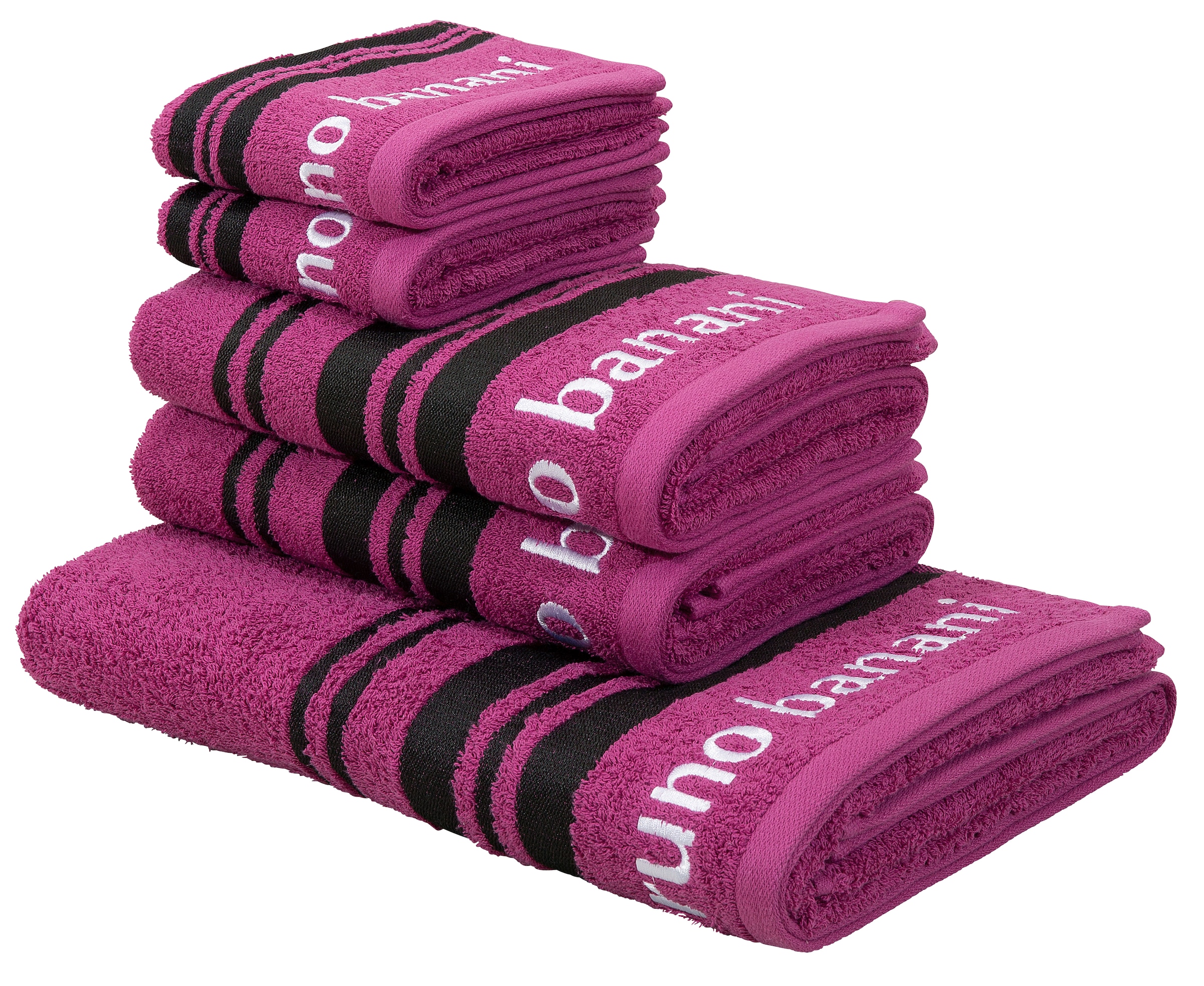 Image of Bruno Banani Handtuch Set "Daniel, 1 Duschtuch 70x140, 2 Handtücher 50x100, 2 Gästetücher 30x50" Set 5 Stk. Walkfrottee Streifen-Bordüre & Markenlogo, weich, 100% Baumwolle
